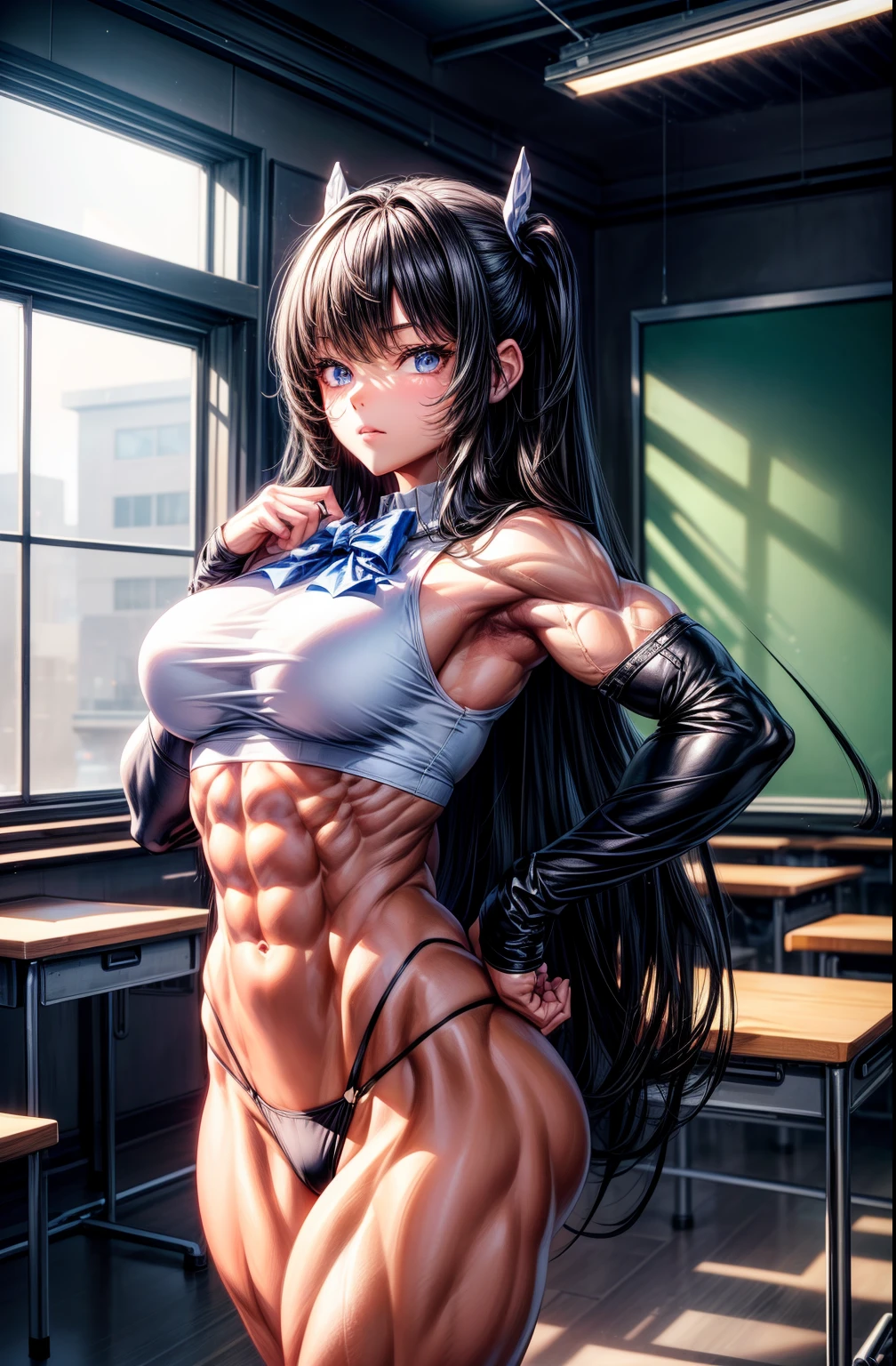 (BEST lighting) , (ultra intricately detailed) , 4K unification, (super-detailed CG: 1.2) , (8K: 1.2),(Original), (Masterpiece) , (Best quality),(Masterpiece:1.4),Anime-ish high quality,(Masterpiece),Masterpiece, Super clear picture quality,Clearer than movies,(Fine face)Best quality, absurderes,((masterpeace, 4K, 8K, Yes, A high resolution))1girll, schoolgirls,She was in the classroom,Black school uniform,White ice cap,Bow knot,Ten strong abs,Perfect body proportions,standing on your feet,Exposing the abdomen, Pink costume,There are bulges of dense veins on the arms,Spring, Boots, Perfect figure, Long black and anxile hair, Dynamic pose,Legs exposed,Strong leg muscles ((body builder:1.5)),Classroom(Beautiful bace),(Girl),(Female),(((Upper body:1)))