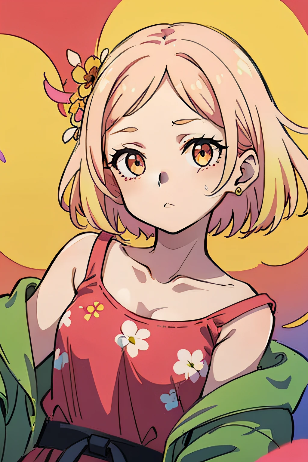 Pink and yellow gradient, (gradient style), soft pastel colors, floral design, cute cartoon style character, by Elena Aenami