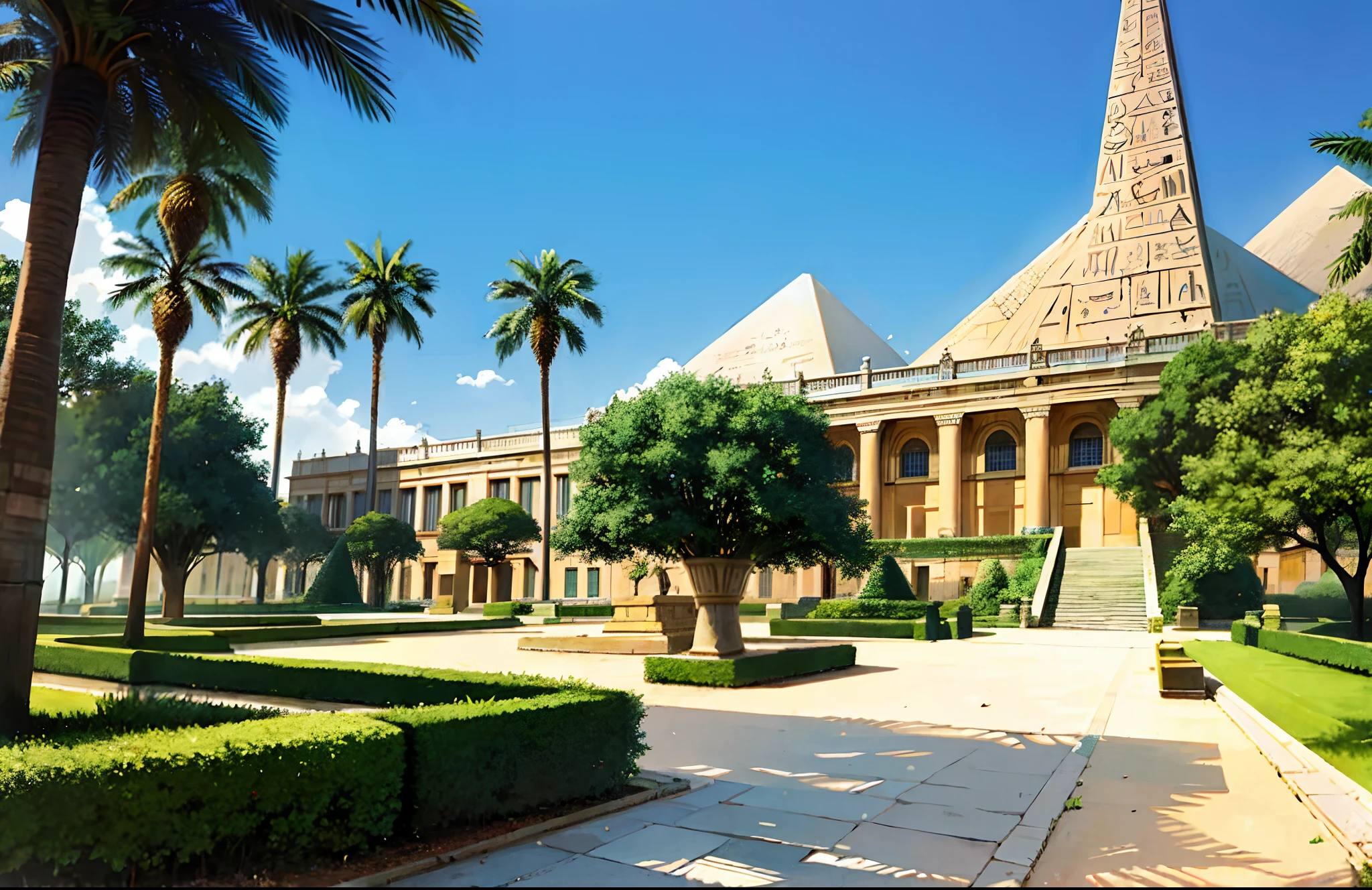 Magnificent ancient Egyptian-style garden,Ancient Egyptian palace,Royal Palace of Ancient Egypt,obelisk,Nile River,sunraise,epic sense,Sense of grandeur