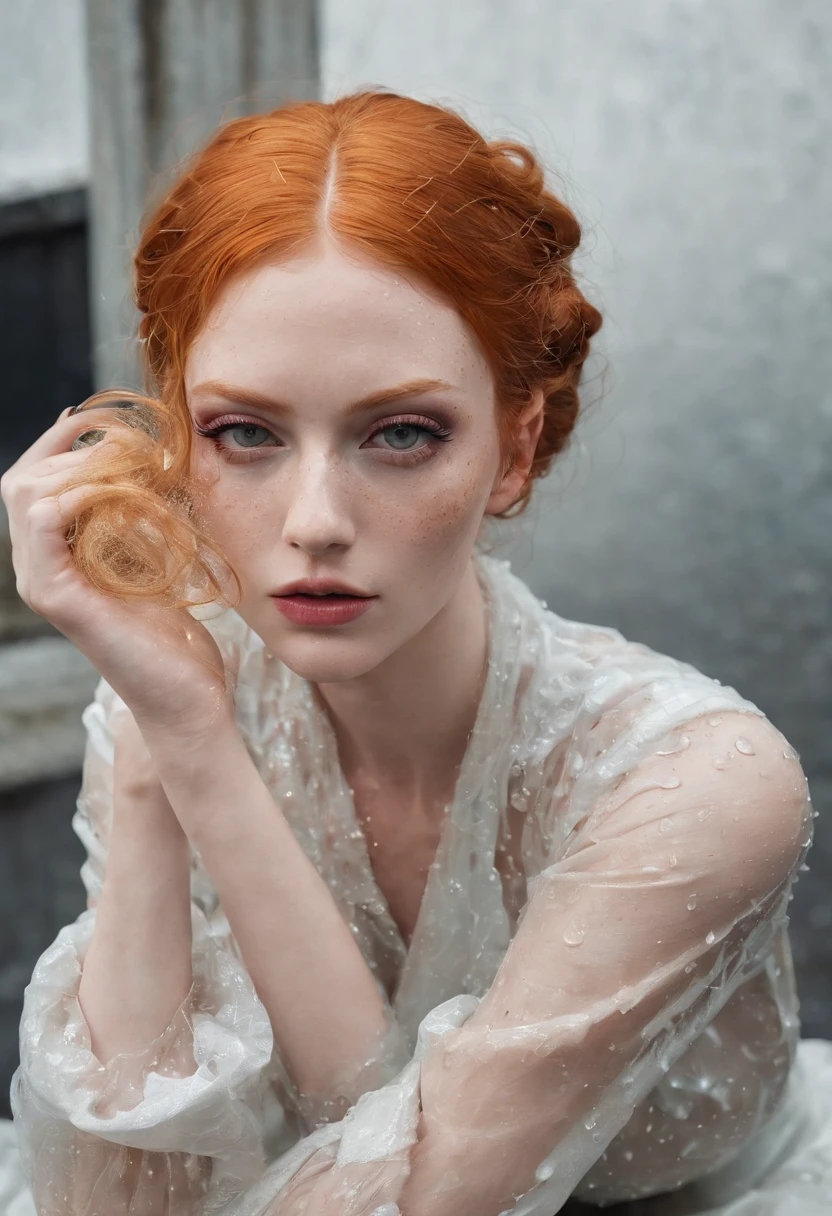A ginger lady, divine and elegant, with a sexy and clean class formal tied twirls hairdo and a drunken expression. Emily, passed out and collapsed on vinyl decks achahol liquor dripping puddle stain