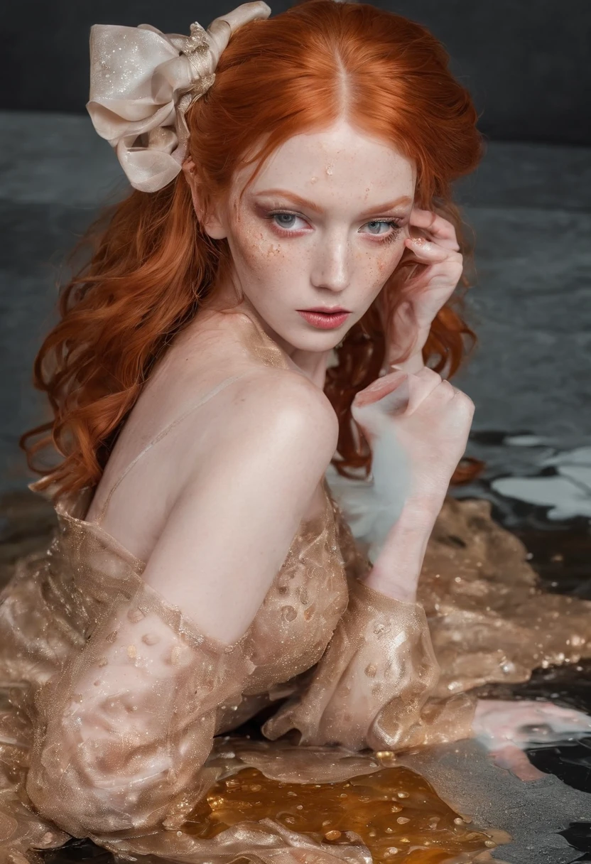 A ginger lady, divine and elegant, with a sexy and clean class formal tied twirls hairdo and a drunken expression. Emily, passed out and collapsed on vinyl decks achahol liquor dripping puddle stain