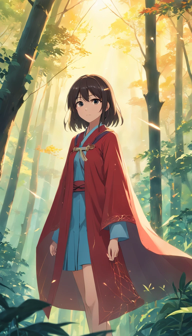 A man wears a Chinese Shang Dynasty battle armor,Young girl in red cape,Spider web elements,beauitful face,Delicate makeup,shining brightly,Long black hair,Bright eyes,8K,Ultra-clear,infinite details,style of anime,High-quality graphics,looking at the distance,Slim,the woods
