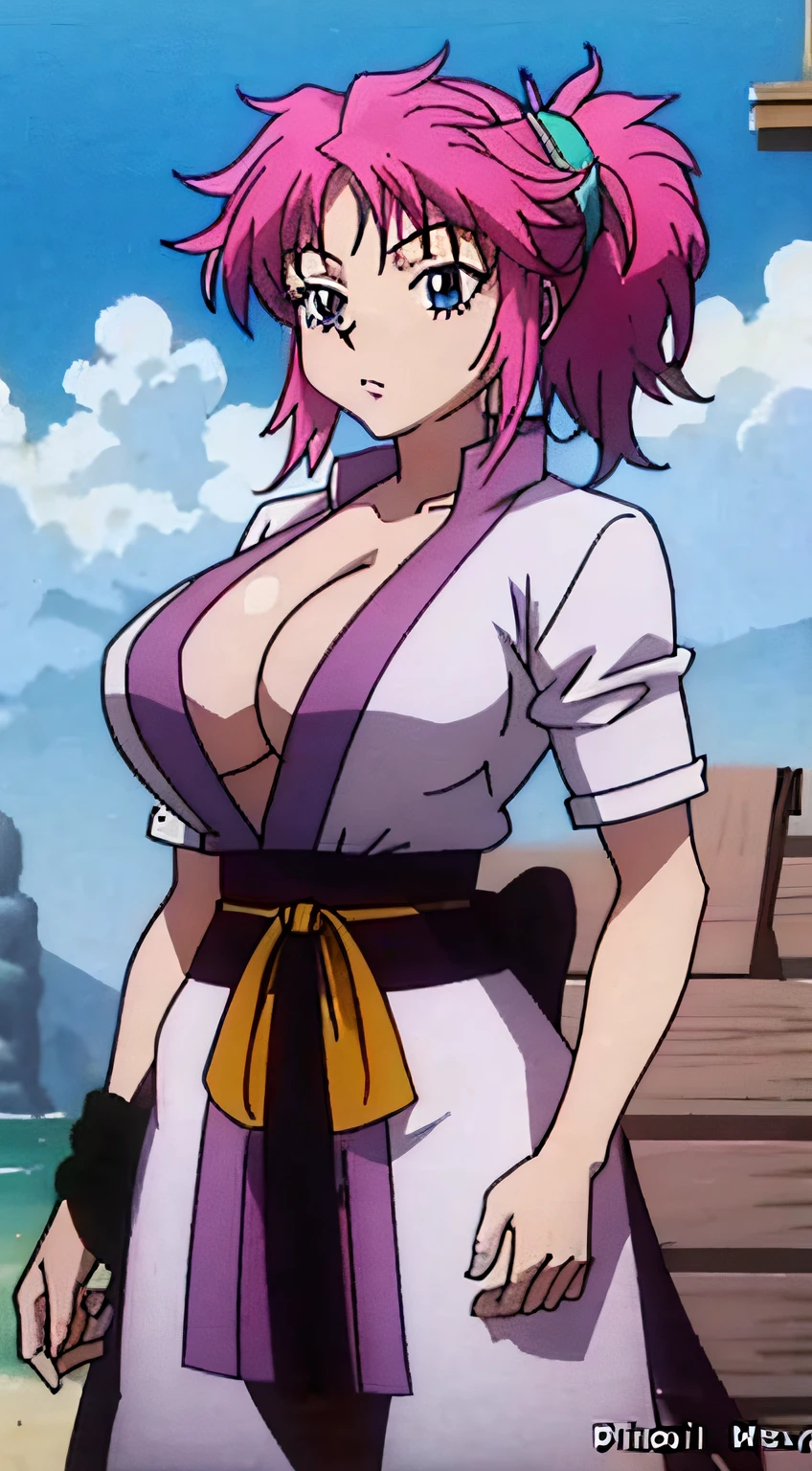 (Masterpiece:1.1, Best quality:1.1), Solo, 1girl in, (Marchen:1.2, Hunter Hunter character), Detailed brown eyes, Detailed face, (Machi role-playing:1.2, Pink hair, pony tails, ripped up white garment:1.55, gigantic cleavage breasts:1.3, humongous large breast:1.3), sandbeach