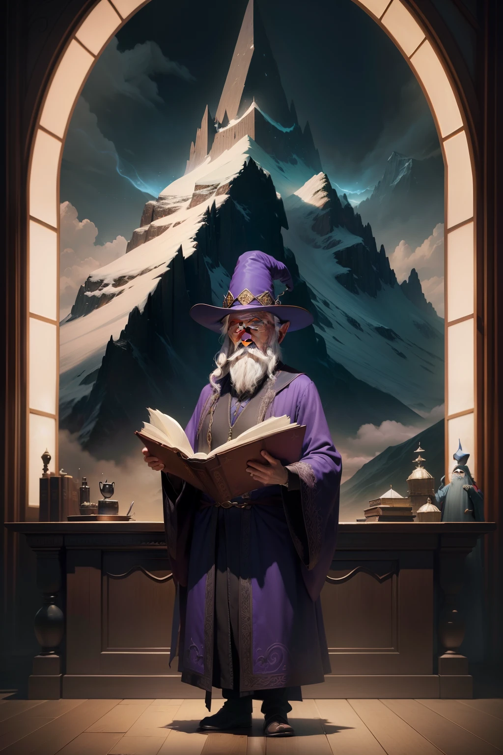 A mysterious old wizard man, wearing a robe and pointy hat, standing behind a table, holding an open book, background is a single mountain in distance, mood is diplomatic, regulated, temperate, daytime light, character design, art by Mark Ryden, Greg Simkins, Jason Limon, Dan Quintana.