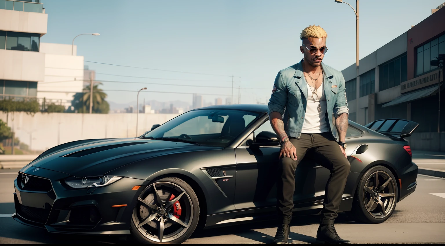 There is a man next to a car on a bridge, GTA 6 estilo, Estilo de GTA V, GTA VI, gta5 estilo, gta v estilo, GTA 6, gta personagem, neymar em gta v, Angela Merkel em GTA v, gta v street style, Grand Theft Auto Estilo, estilo gta, GTA VIce estilo da cidade, Como o protagonista de GTA 5
