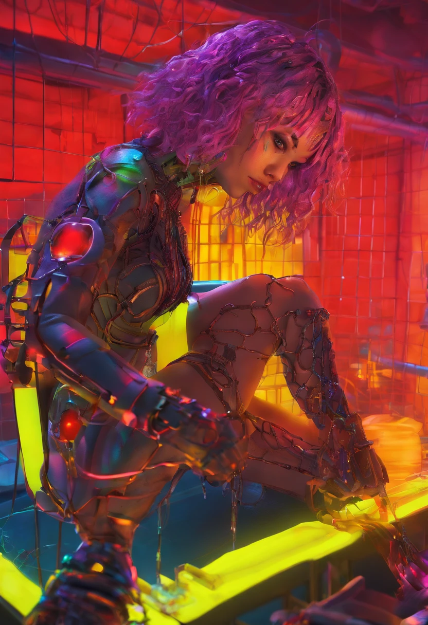 Zendaya, Top Quality, Masterpiece, Ultra High Resolution, (Photorealistic: 1.4), Raw Photo, 1 Girl, Neon Yellow and Black Hair, Glossy Skin, 1 Mechanical Girl, (Ultra Realistic Details)), Standing in cyberpunk Jail Cell, Global Illumination, Shadows, Octane Rendering, 8K, Ultra Sharp, Big, Cleavage Exposed Raw Skin, Metal, Intricate Ornament Details, Egyptian Details, Very intricate details, realistic light, CGSoation trend, purple eyes, glowing eyes, facing the camera, neon details, mechanical limbs, blood vessels connected to the tube, mechanical vertebrae attached to the back, mechanical cervical attachment to the neck, sitting, wires and cables connecting to the head, evangelion, small LED lamp, (((wet skin)), bright red Hitomi, indoor, (on_back), avrola prisoner, metal collar, shackles, slave, chains, shackles,