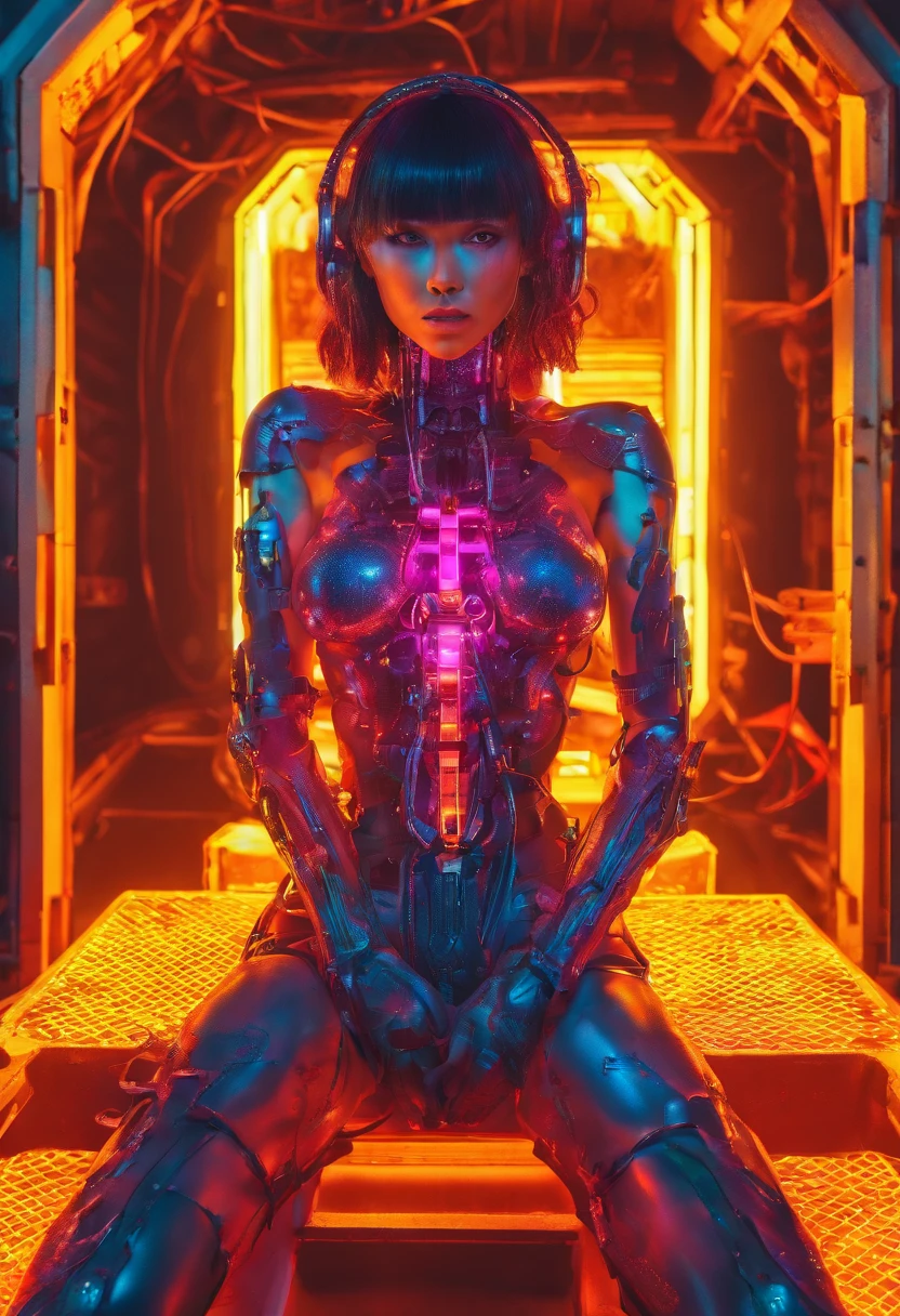 Zendaya, Top Quality, Masterpiece, Ultra High Resolution, (Photorealistic: 1.4), Raw Photo, 1 Girl, Neon Yellow and Black Hair, Glossy Skin, 1 Mechanical Girl, (Ultra Realistic Details)), Standing in cyberpunk Jail Cell, Global Illumination, Shadows, Octane Rendering, 8K, Ultra Sharp, Big, Cleavage Exposed Raw Skin, Metal, Intricate Ornament Details, Egyptian Details, Very intricate details, realistic light, CGSoation trend, purple eyes, glowing eyes, facing the camera, neon details, mechanical limbs, blood vessels connected to the tube, mechanical vertebrae attached to the back, mechanical cervical attachment to the neck, sitting, wires and cables connecting to the head, evangelion, small LED lamp, (((wet skin)), bright red Hitomi, indoor, (on_back), avrola prisoner, metal collar, shackles, slave, chains, shackles,