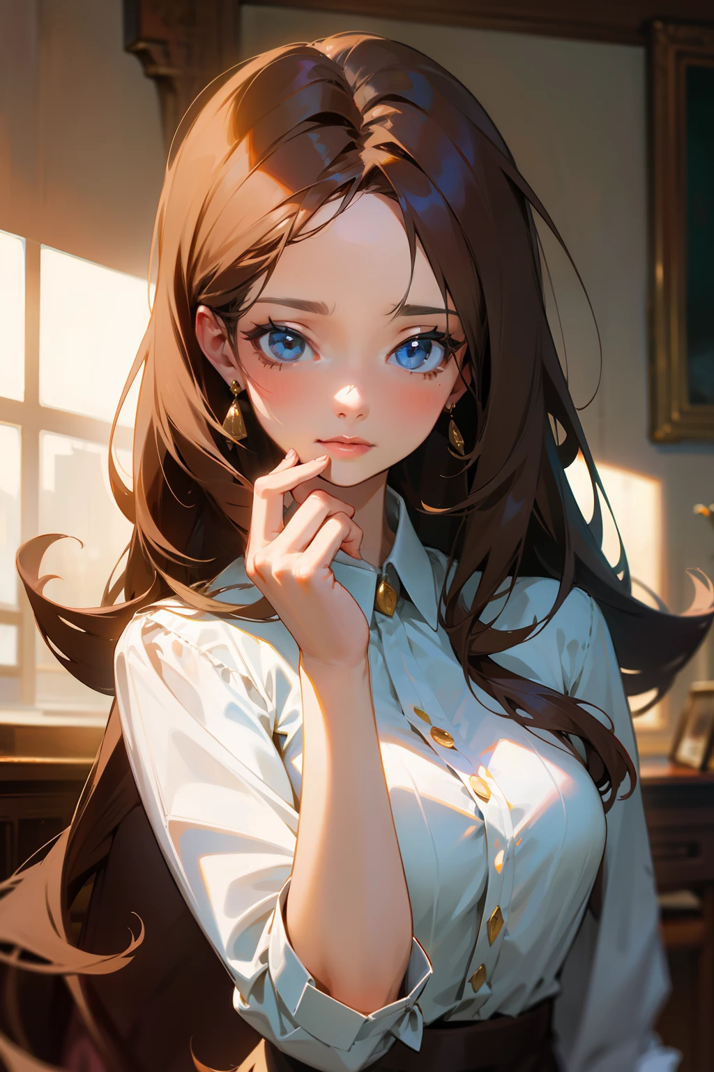 Beautuful Women,Tremendously beautiful,mature,Intellectual,broker,white shirt,Uninhibited,brunette color hair,long whitr hair,A high resolution,Need,Photorealsitic,Realist,Real