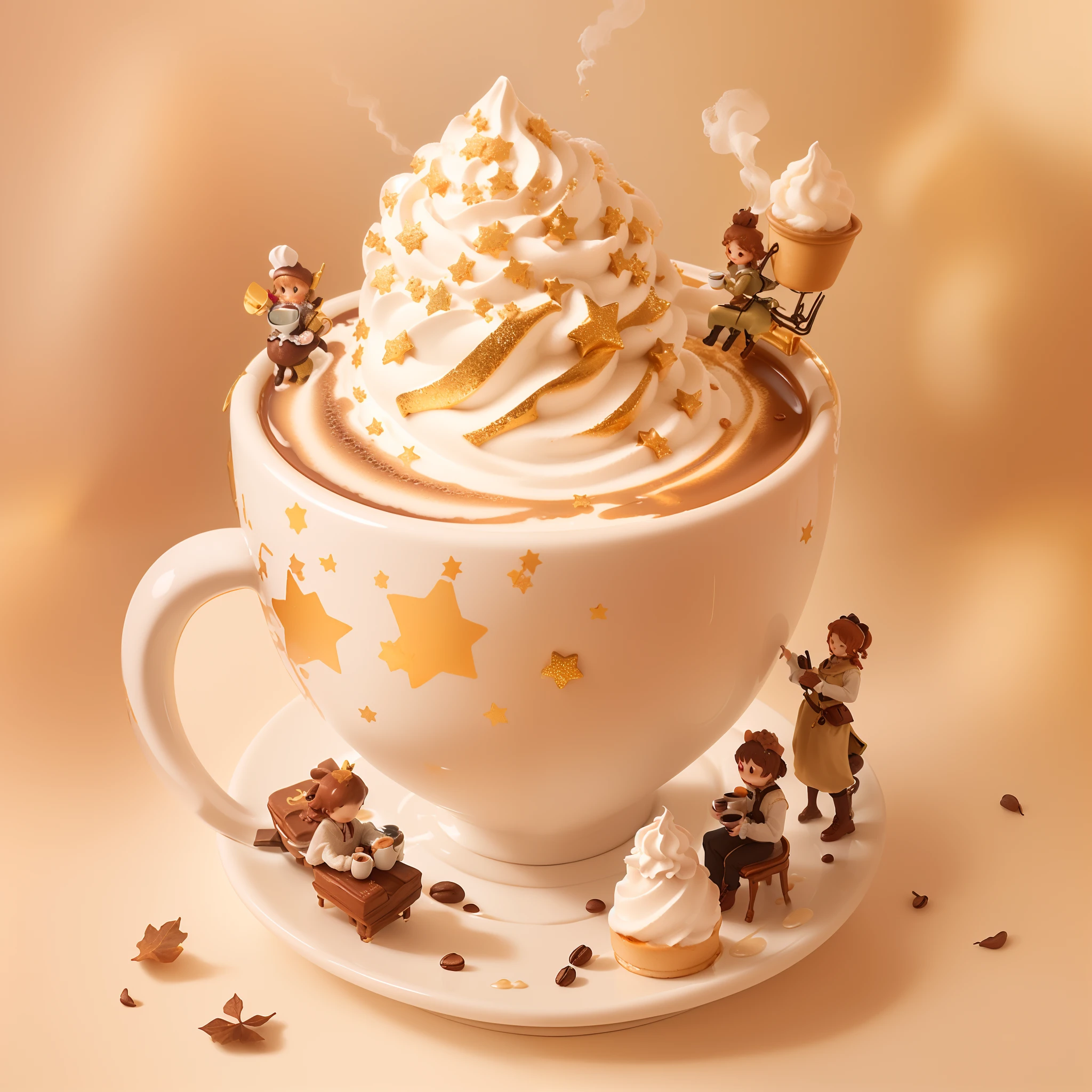 a red mug with coffee art on it, edible gold stars on the white foam on top