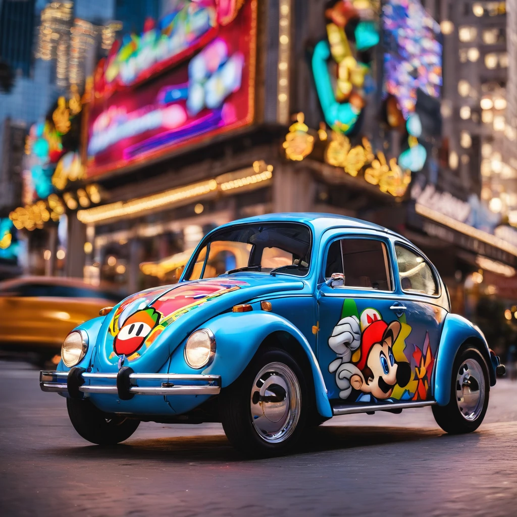 Photography of a Super Mario-style Volkswagen Beetle, adorned with vibrant colors and pixelated decals reminiscent of the iconic video game. The car stands in a bustling city street, surrounded by towering skyscrapers and flashing neon signs. The composition captures the Beetle from a low angle, highlighting its sleek lines and retro charm. The lighting casts dramatic shadows, enhancing the sense of nostalgia. Photographed by Annie Leibovitz, known for her imaginative and whimsical style, the image evokes a playful and adventurous spirit. The attention to detail and pixel-perfect design make this photo a visual treat