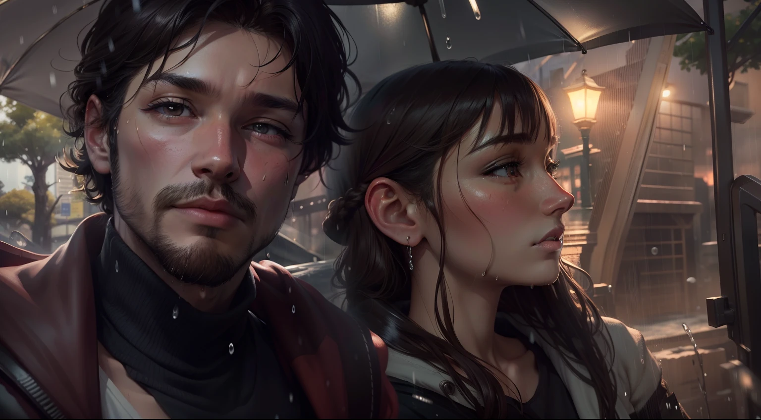 best quality, masterpiece, super high resolution, detailed background, realism anime same face structure, rainy days