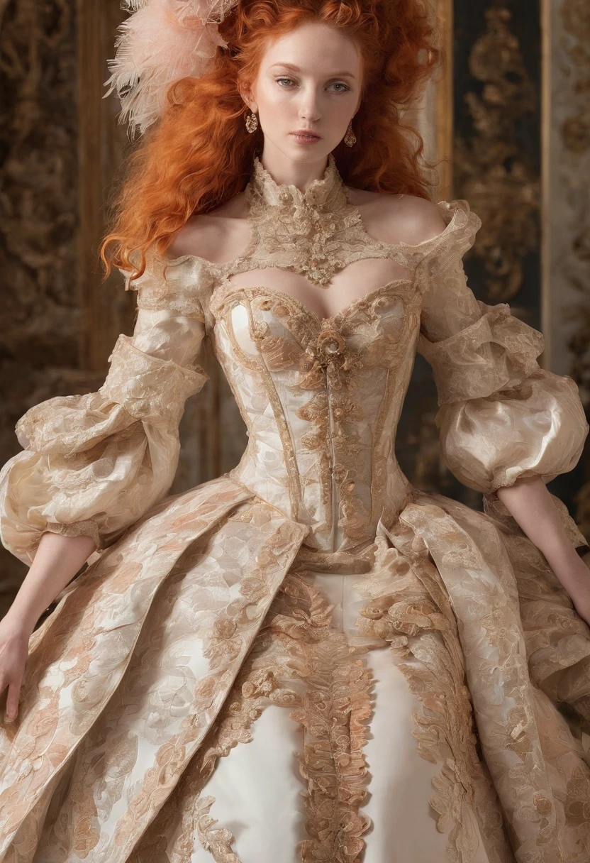 A ginger lady, divine and elegant, with a sexy and clean class formal late baroque rococo queen in late baroque rococo fanshion attire
