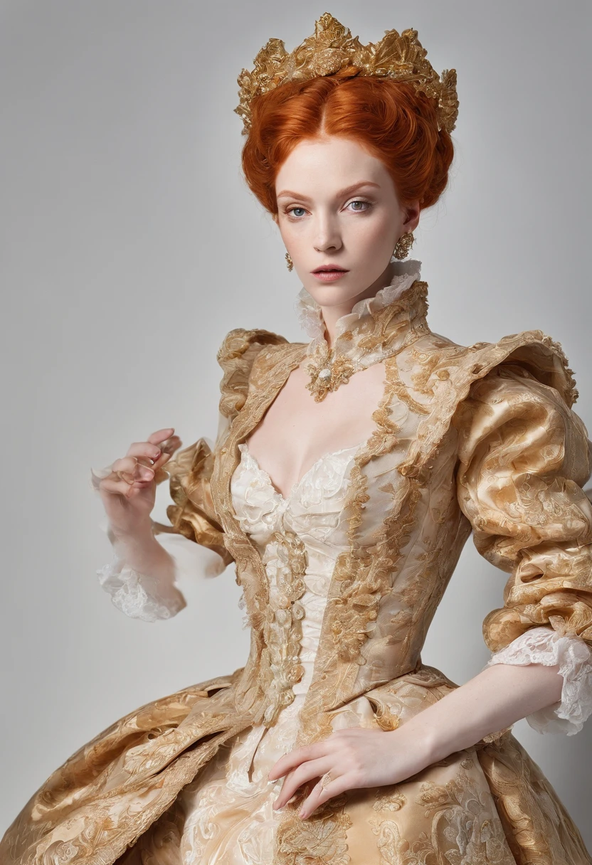 A ginger lady, divine and elegant, with a sexy and clean class formal late baroque rococo queen in late baroque rococo fanshion attire