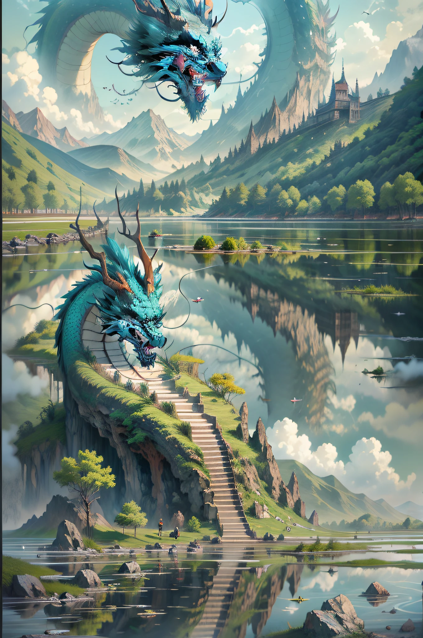 A lake，The lake is surrounded by mountains，A Chinese dragon stands on an island in the middle of the lake，fanciful，high detal，hyper HD，mistic，divino