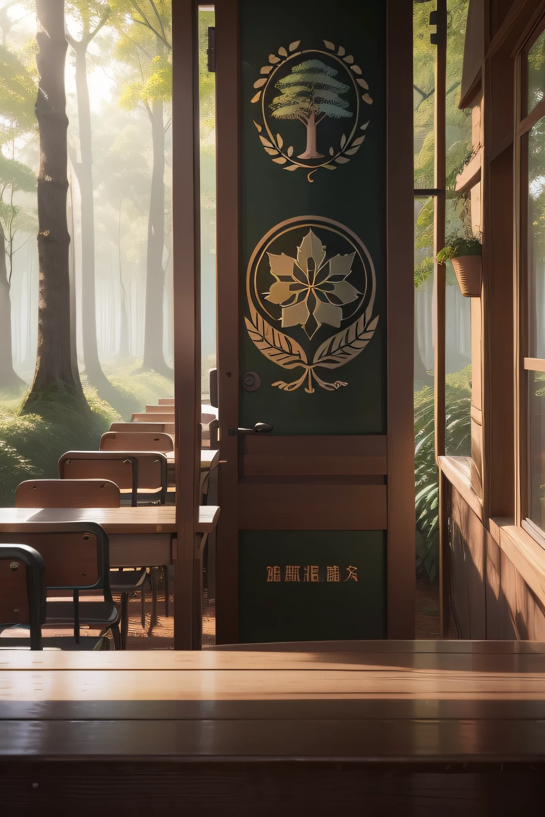 1.Class school emblem pattern
2.Half forest, half steel jungle
3.It reads above:Free to post,It is written in the middle:AI