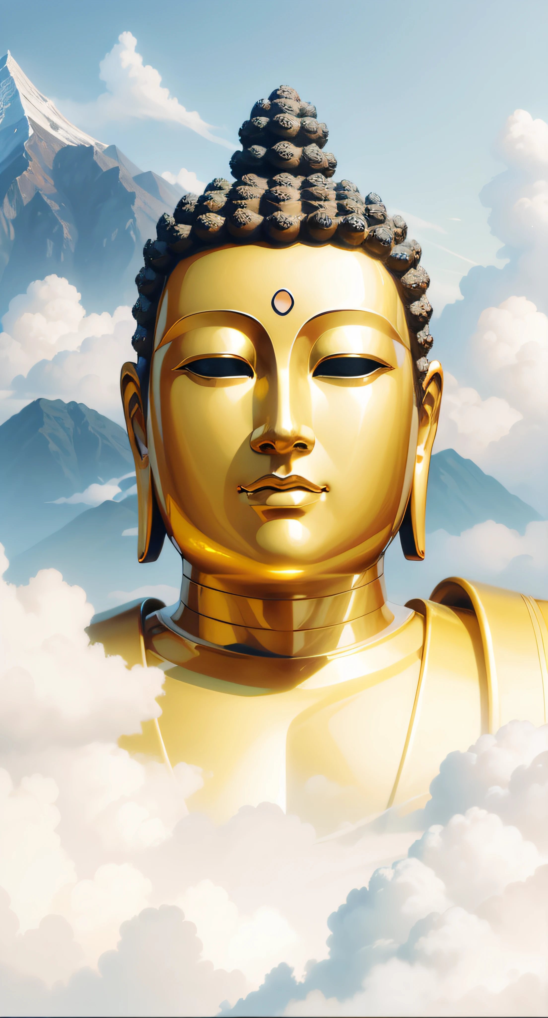 with blue sky and white clouds，There is brilliant sunshine, Behind is the big mountain，a Buddhist Buddha, Buddhist, Buddha, beautiful gold saint, A male god ，Powerful male god，Golden face，Golden skin，Buddhism, background-image, enlightening, Cloud, Enlightened, Beautiful image, samsara, Spiritual enlightenment, Asian, leaked image, portrait of a heavenly god, Mist, Temple background, 4096，author：David Burton-Richardson, attractive male deity, On the road to enlightenment，inspired by Chen Jiru, inspired by Tawaraya Sōtatsu, inspired by Ma Quan, inspired by Kaigetsudō Anchi, God Lisa Hannigan, Inspired by Yang Buzhi, Jaya Sulberg, inspired by Kaigetsudō Ando，8K quality，Master handwriting，hyper HD，Ebony Gold AI masterpiece, Best quality, High quality, high resolution, (((Beautiful detailed sky))), magnifica, cottage, Grand(Magnificent, splendid), sight(View), Spectacular spectacle, k hd, ((Best shadow)), Realistic, Nature, scenery, Cloud, Mountain, Grass, Rock music, hill, cliff, tree, pedestrian walkway, background only, nigh sky, Moonlight, ((Ultra-detailed)), (Best Illustration), ((An extremely delicate and beautiful)), Dynamic Angle, River, trail, bench, Highest quality image quality, Quiet, far_away
