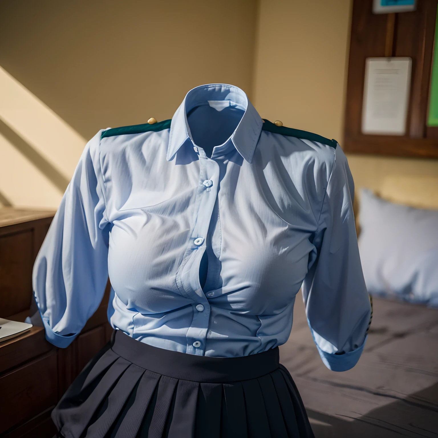 (girls' school blouse:1.7) , (school blouse swells as if worn by invisible girl:1.7),((invisible, no humans:1.7, headless:1.7, handless, legless)), (big breasts:1.9),(on bed), (arms up),
(8k, RAW photo, best quality, masterpiece:1.5), (realistic, photo-realistic:1.6),photon mapping, radiosity, ((Hasselblad photography)),physically-based rendering,