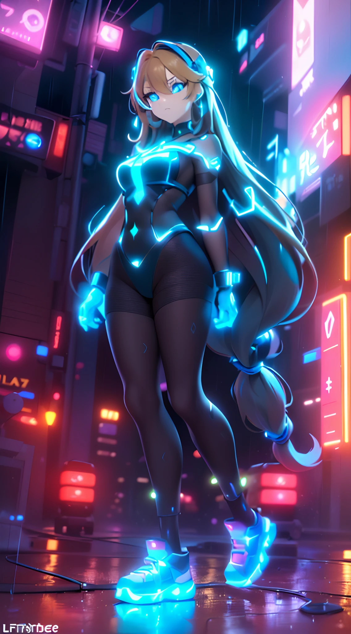 (Dynamic Angle:1.4), ((Full body posing:1.5), (Colorful:1.2), (Highly detailed CG Unity 16K wallpaper:1.1), (Denoising strength: 1.45), (tmasterpiece:1.37), ((Official art)), of the highest quality, (Realistic), Green Cyber Girl, 2 head body,Deformed Character,cute expression, (Super long hair:1.6),voluminous hair,Hair in motion,Golden hair,Glowing eyes,(blue eyess:1.2), wires, (LED:1.3), (a hologram:1.2), ((Jumping:1.5)),futuristic city street, Neon light, Skyscrapers, (Night:1.2), (Rain:1.2), (Rainbow Model:1.2), 8K resolution, (Anime style:1.3), Cinematic lighting, chromatic abberation, spark of light, Ray tracing, blending, ultra wide-angle, Hasselblad, (masutepiece), (masutepiece), ((Best Quality)), ((masutepiece)), nffsw
