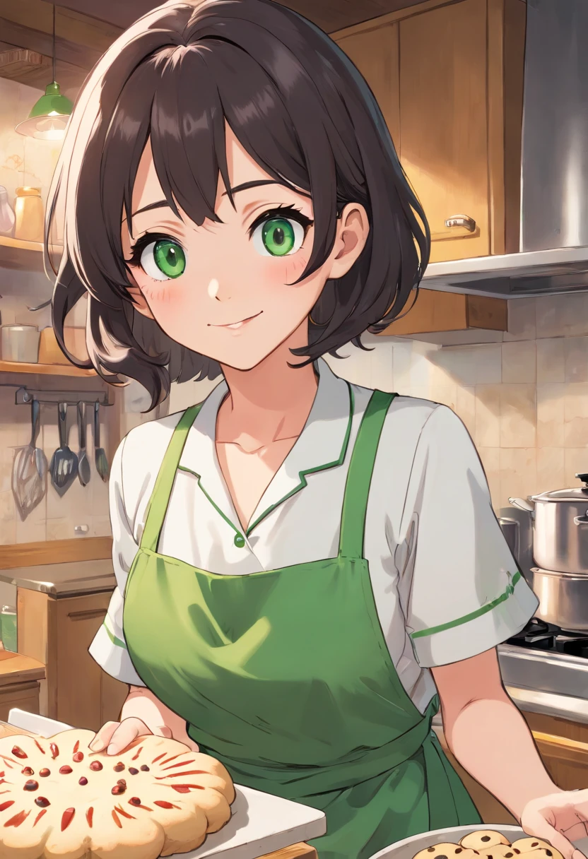 Beautiful wife, wearing white and green striped apron, big breasts, black hair, masterpiece, best quality, extremely detailed face, hyper detailed eyes, big eyes, green eyes, smiling woman, happy face, blushing, glowing eyes, detailed eyes, ((60s kitchen:1.4), without bra, volumetric light, Dust shining spots in the air, cooking, Baking cookies, Sarcastic gaze, 60's hairstyle, making cookies