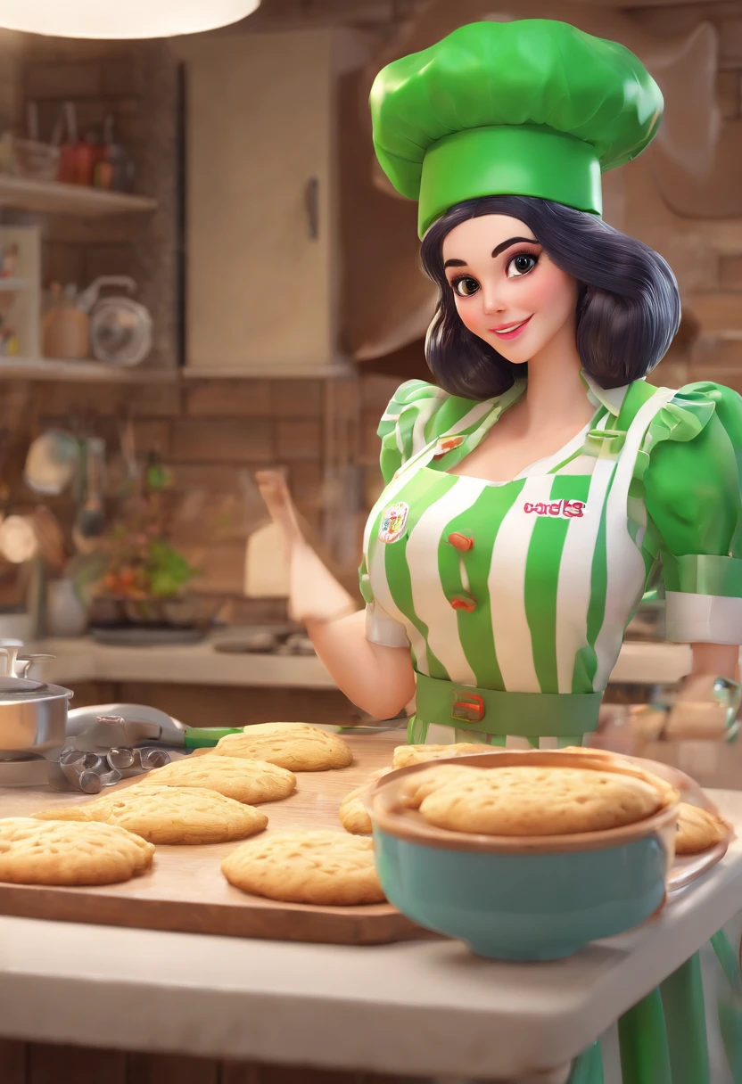 Beautiful wife, wearing white and green striped apron, big breasts, black hair, masterpiece, best quality, extremely detailed face, hyper detailed eyes, big eyes, green eyes, smiling woman, happy face, blushing, glowing eyes, detailed eyes, ((60s kitchen:1.4), without bra, volumetric light, Dust shining spots in the air, cooking, Baking cookies, Sarcastic gaze, 60's hairstyle, making cookies