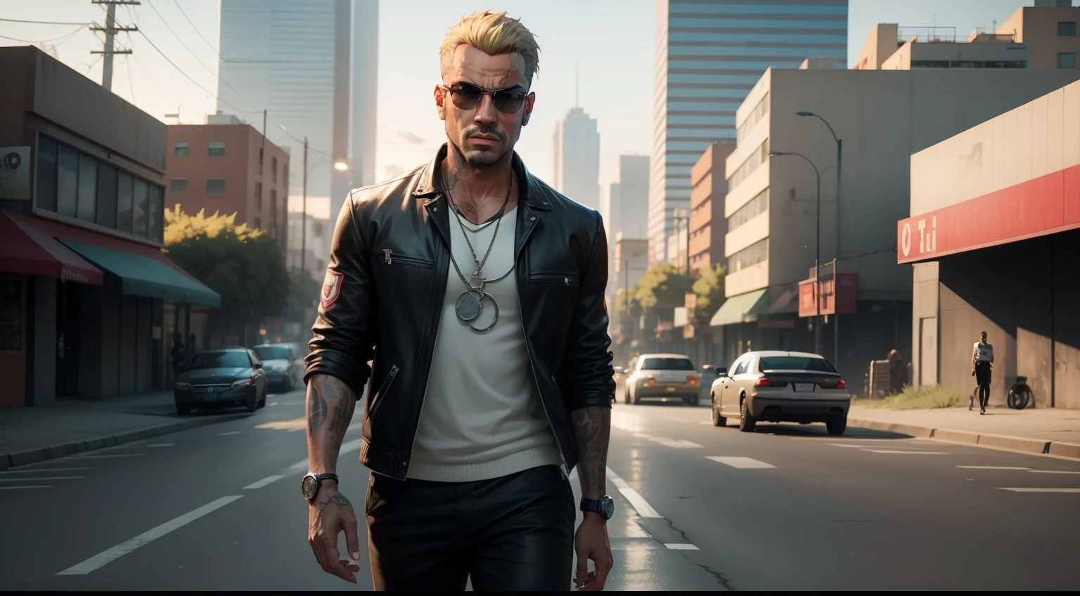 There is a man next to a car on a bridge, GTA 6 estilo, Estilo de GTA V, GTA VI, gta5 estilo, gta v estilo, GTA 6, gta personagem, neymar em gta v, Angela Merkel em GTA v, gta v street style, Grand Theft Auto Estilo, estilo gta, GTA VIce estilo da cidade, Como o protagonista de GTA 5