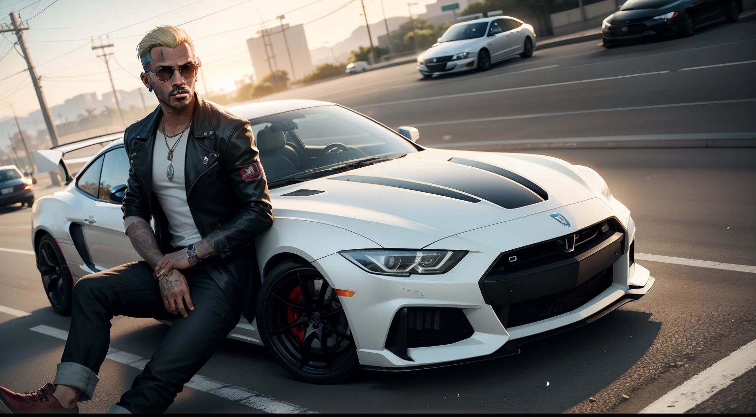 There is a man next to a car on a bridge, GTA 6 estilo, Estilo de GTA V, GTA VI, gta5 estilo, gta v estilo, GTA 6, gta personagem, neymar em gta v, Angela Merkel em GTA v, gta v street style, Grand Theft Auto Estilo, estilo gta, GTA VIce estilo da cidade, Como o protagonista de GTA 5