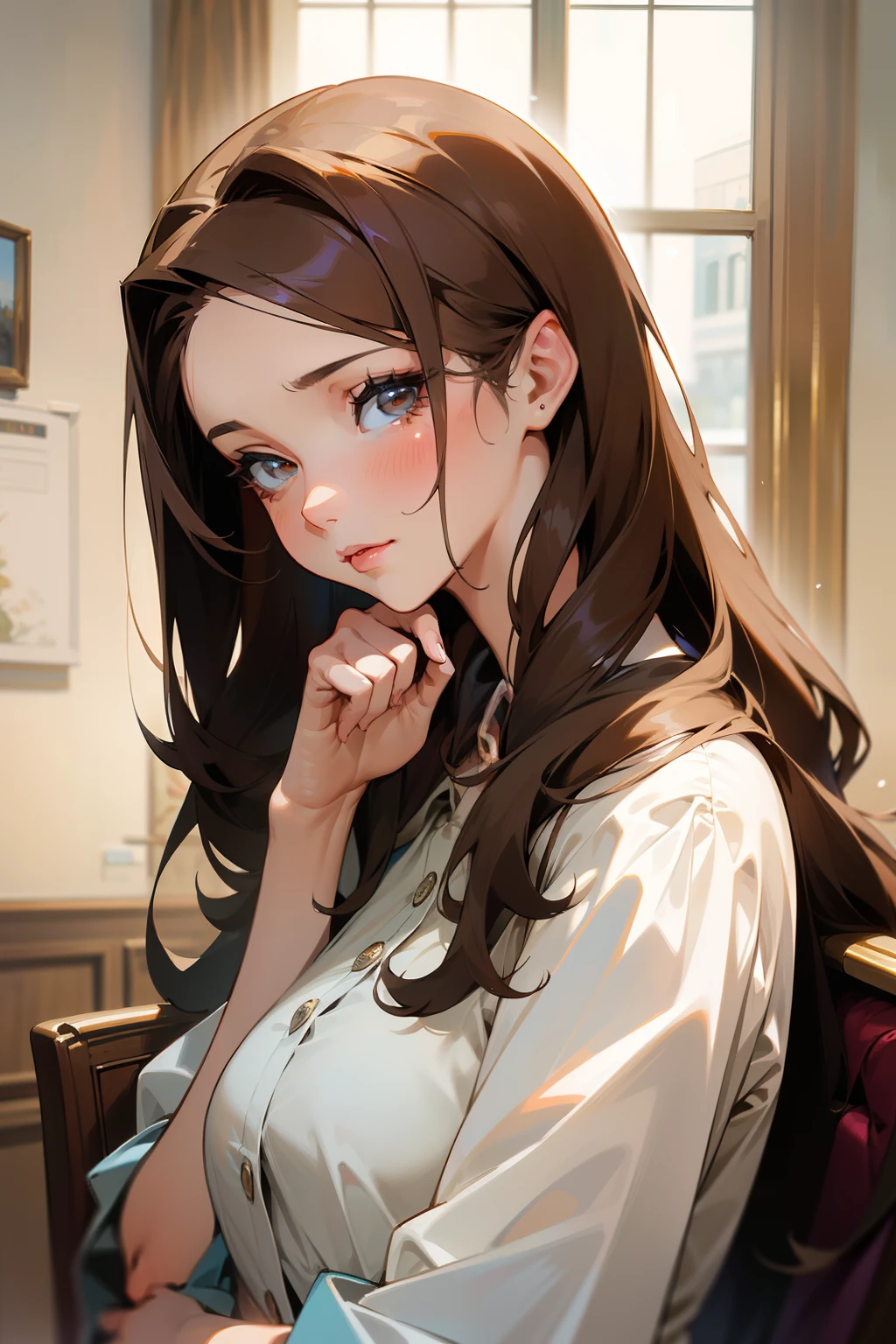 Beautuful Women，Tremendously beautiful，mature，Intellectual，broker，white  shirt，Uninhibited，brunette color hair，long whitr hair，A high resolution，Need，Photorealsitic，Realist，Real