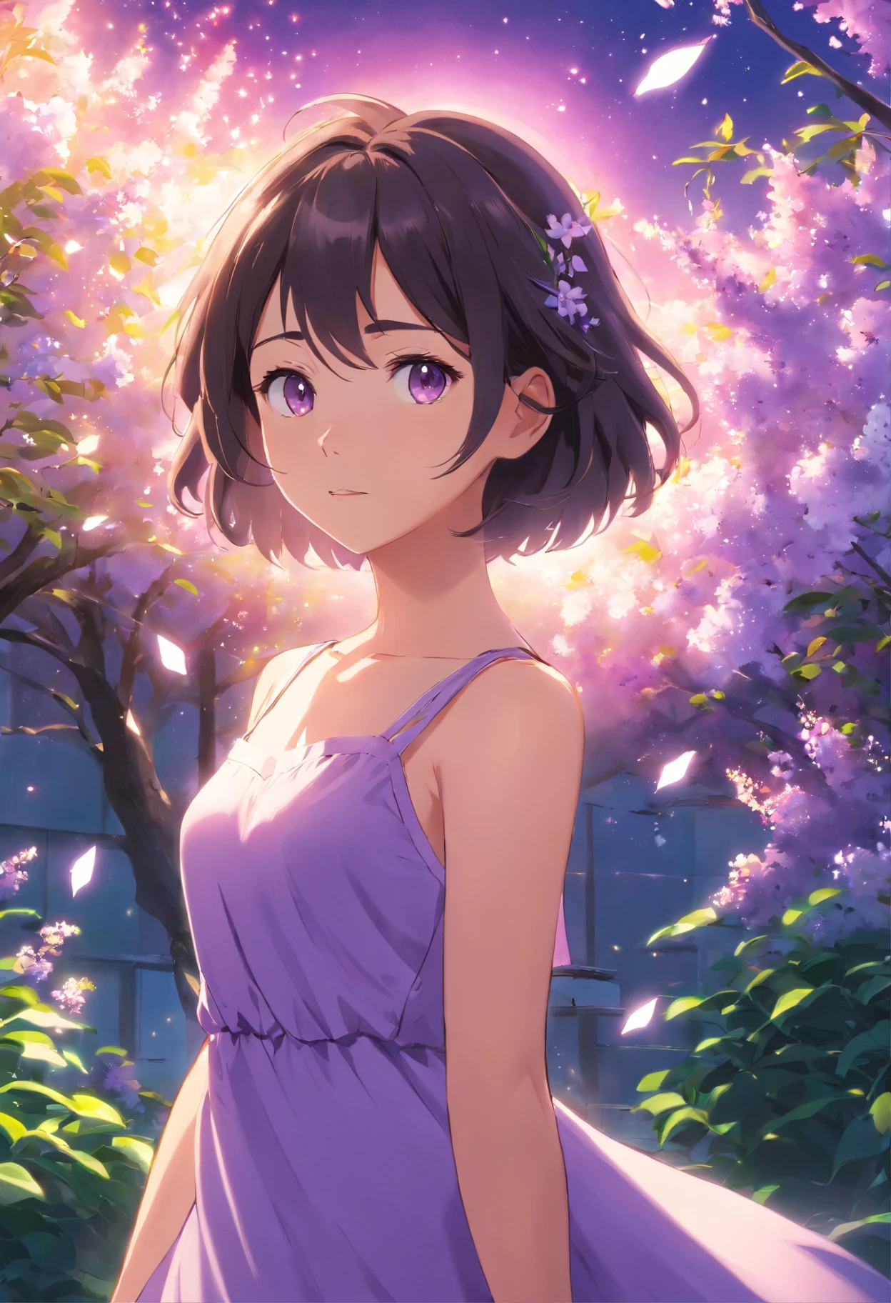 Menina super fofa, anime, lilac dress, cabelo preto e liso, olhos verdes grandes e  brilhantes, extremely detailed animation, super realistic, Luxury Cinema Lighting, luz de oitava