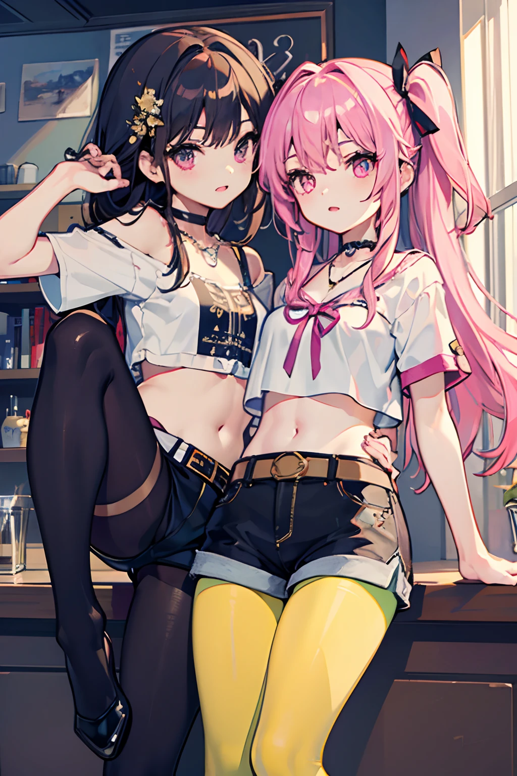 ,twins, Masterpiece,Best quality,offcial art,Extremely detailed Cg Unity 8K wallpaper, 2girls, cute female child,  hair adornments, Short shorts, Crop top, ribbon_choker necklace, leg belt,Pantyhose