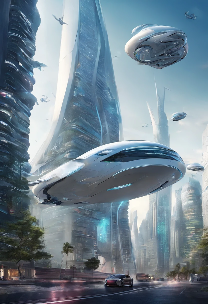 Imagine a futuristic city with several flying cars