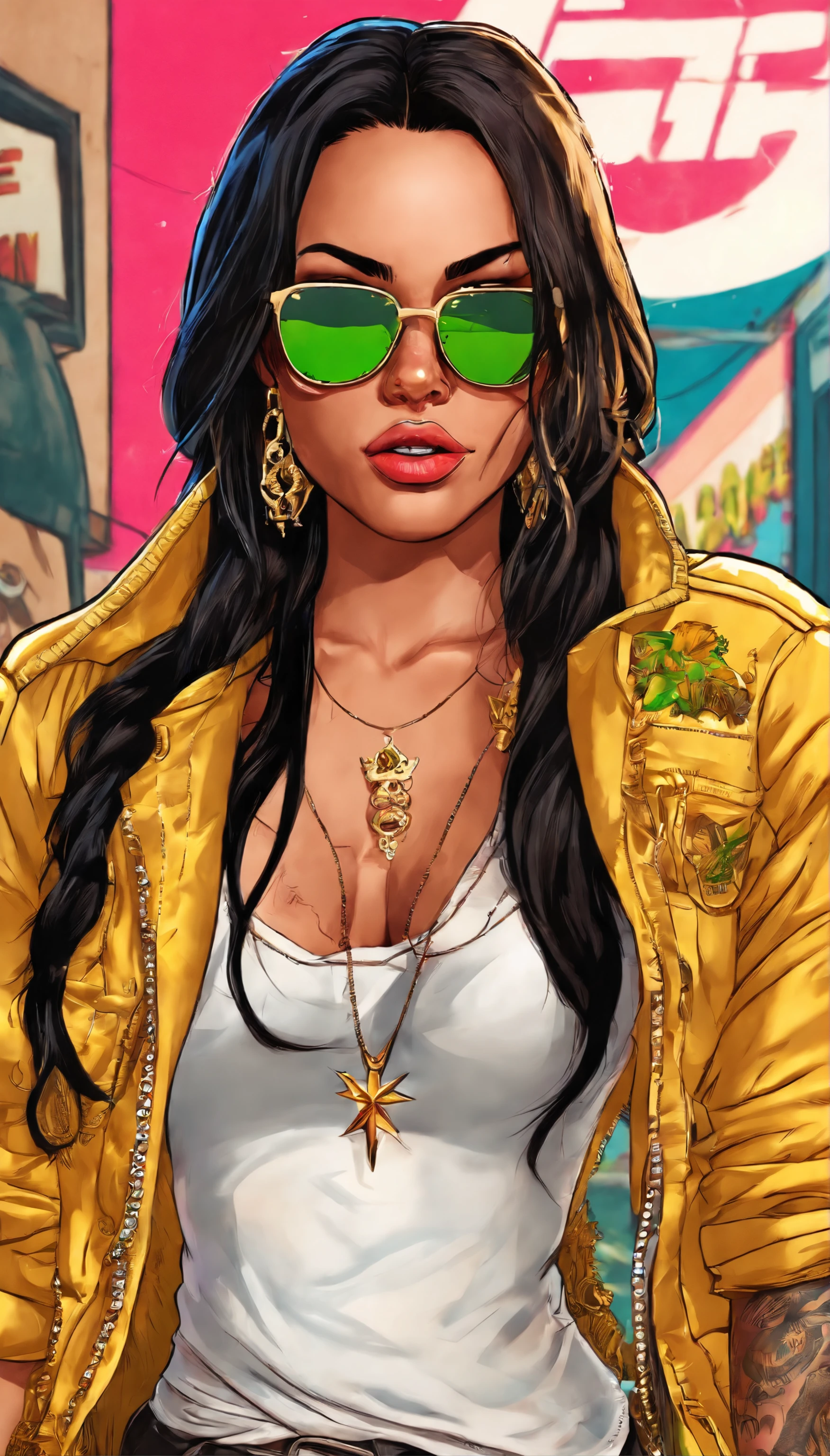 (best quality,ultra-detailed,realistic:1.37),(latina girl),(long black hair,straight),(cap),(tattoos),(sunglasses),(pose)