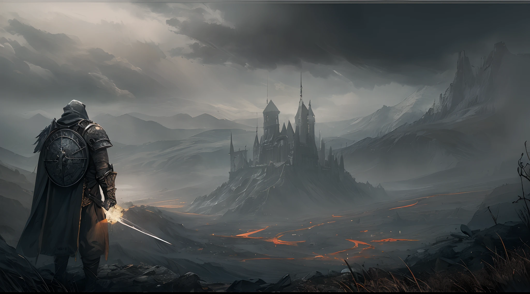 A warrior with a shield and a light sword, in a valley of death, by ELDEN RING and DARK SOULS, gloomy surroundings, fog, gloomy sky