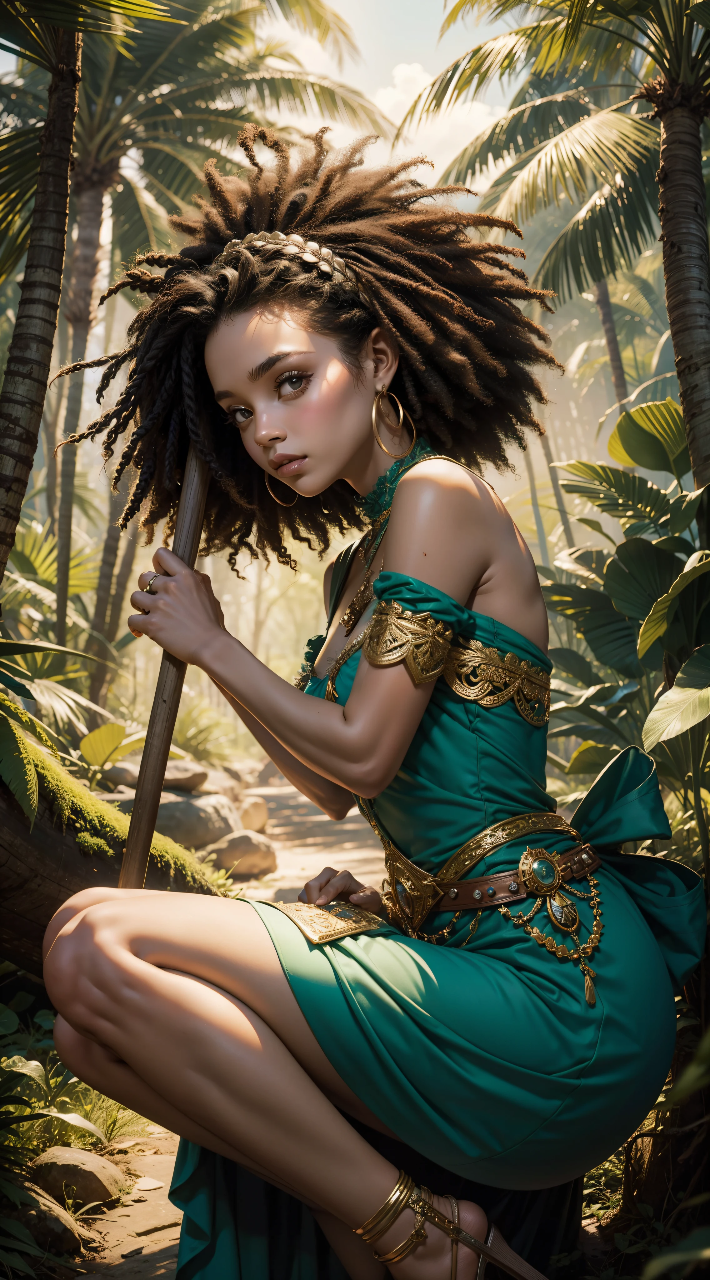 Uma garota afro-americana na selva, vestida com folhas