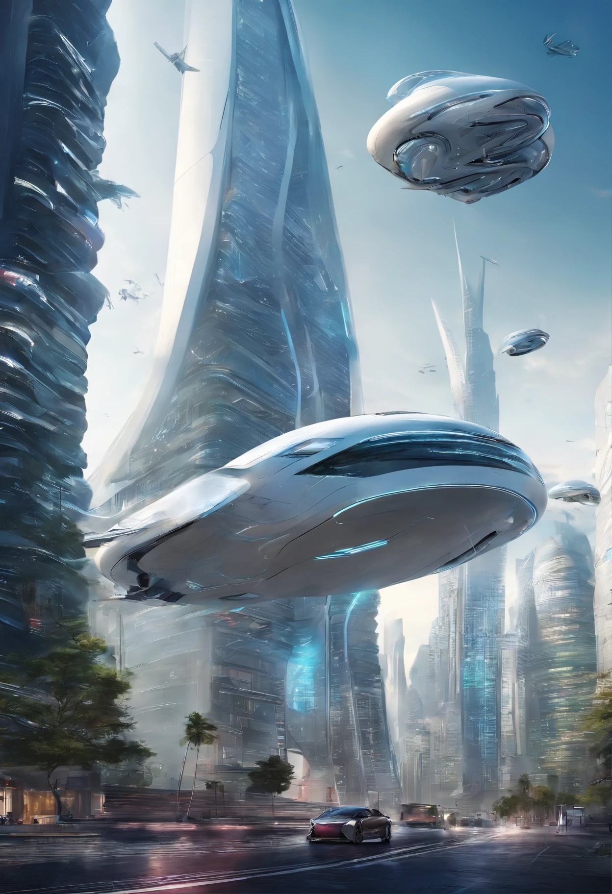 Imagine a futuristic city with several flying cars