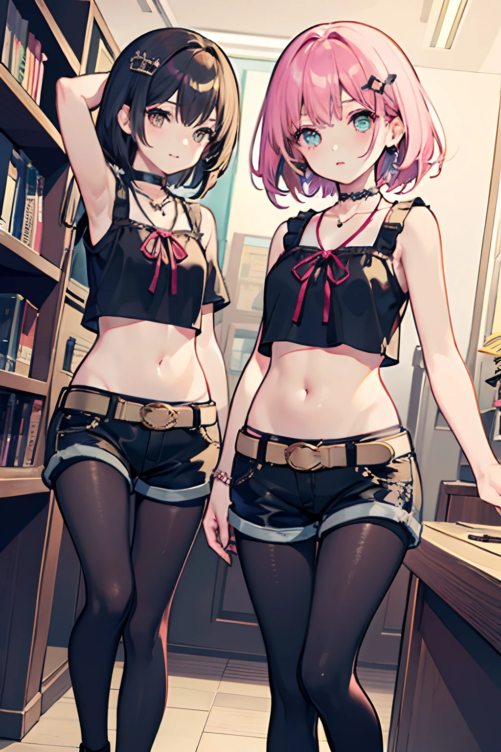 ,twins, Masterpiece,Best quality,offcial art,Extremely detailed Cg Unity 8K wallpaper, 2girls, cute female child,  hair adornments, Short shorts, Crop top, ribbon_choker necklace, leg belt,Pantyhose