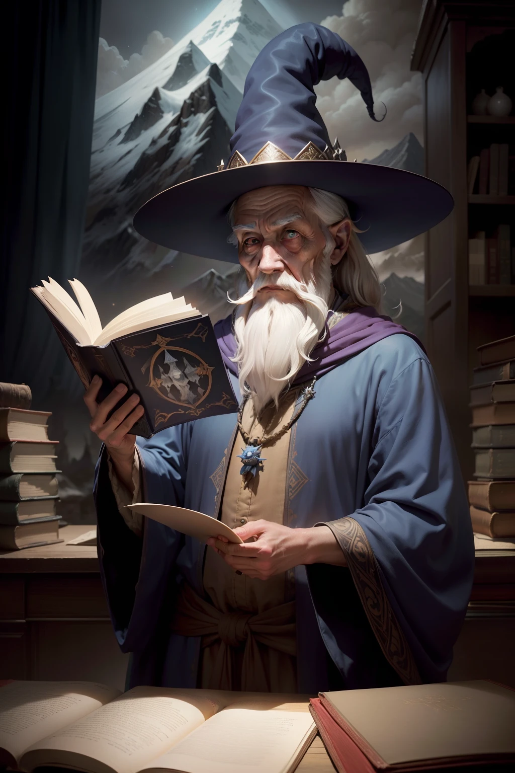 A mysterious old wizard man, wearing a robe and pointy hat, standing behind a table, holding an open book, background is a single mountain in distance, mood is diplomatic, regulated, temperate, daytime light, character design, art by Mark Ryden, Greg Simkins, Jason Limon, Dan Quintana.
