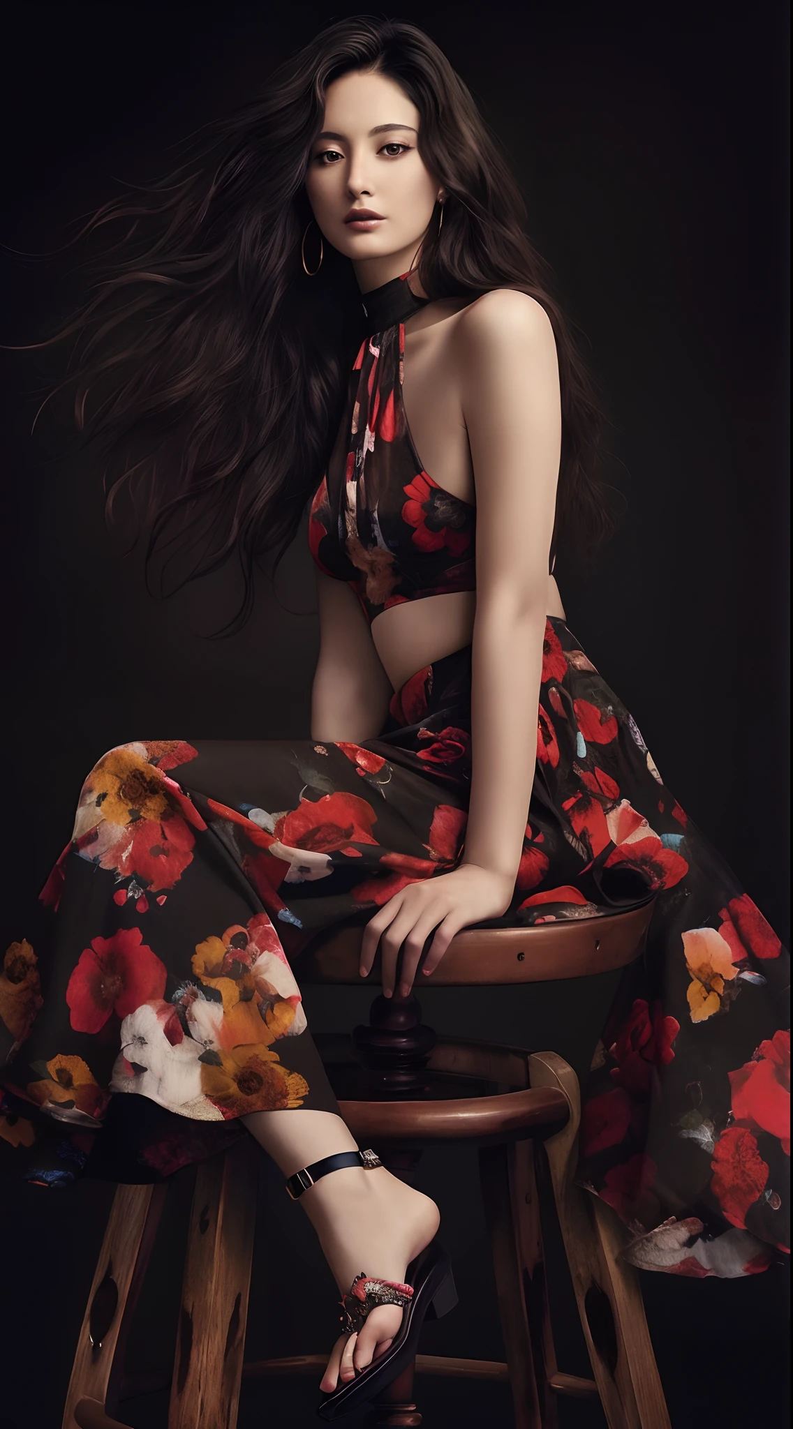 Arafad woman sitting on a stool on black background, fashion portrait photo, dressed in a flower dress, high - end fashion photoshoot, fashion photography portrait, fashion model photography, editorial fashion photography, captivating posture, wearing a long flowery dress, author：Eddie Mendoza, fine art fashion photography, Fashion portrait, full shot fashion photography, vogue photoshoot, glamorous fashion pose