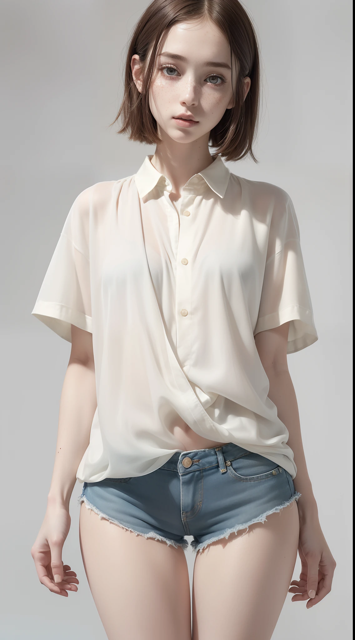 dynamic pose,1girl,pale skin,delicate face,freckles,intricate details,(baggy shirt,short shorts:1.3),small waist,(wide thigh gap:1.3,thick thighs:1.3),white background,(best quality:1.2,ultra-detailed,realistic:1.37),portrait,soft colors,polished lighting