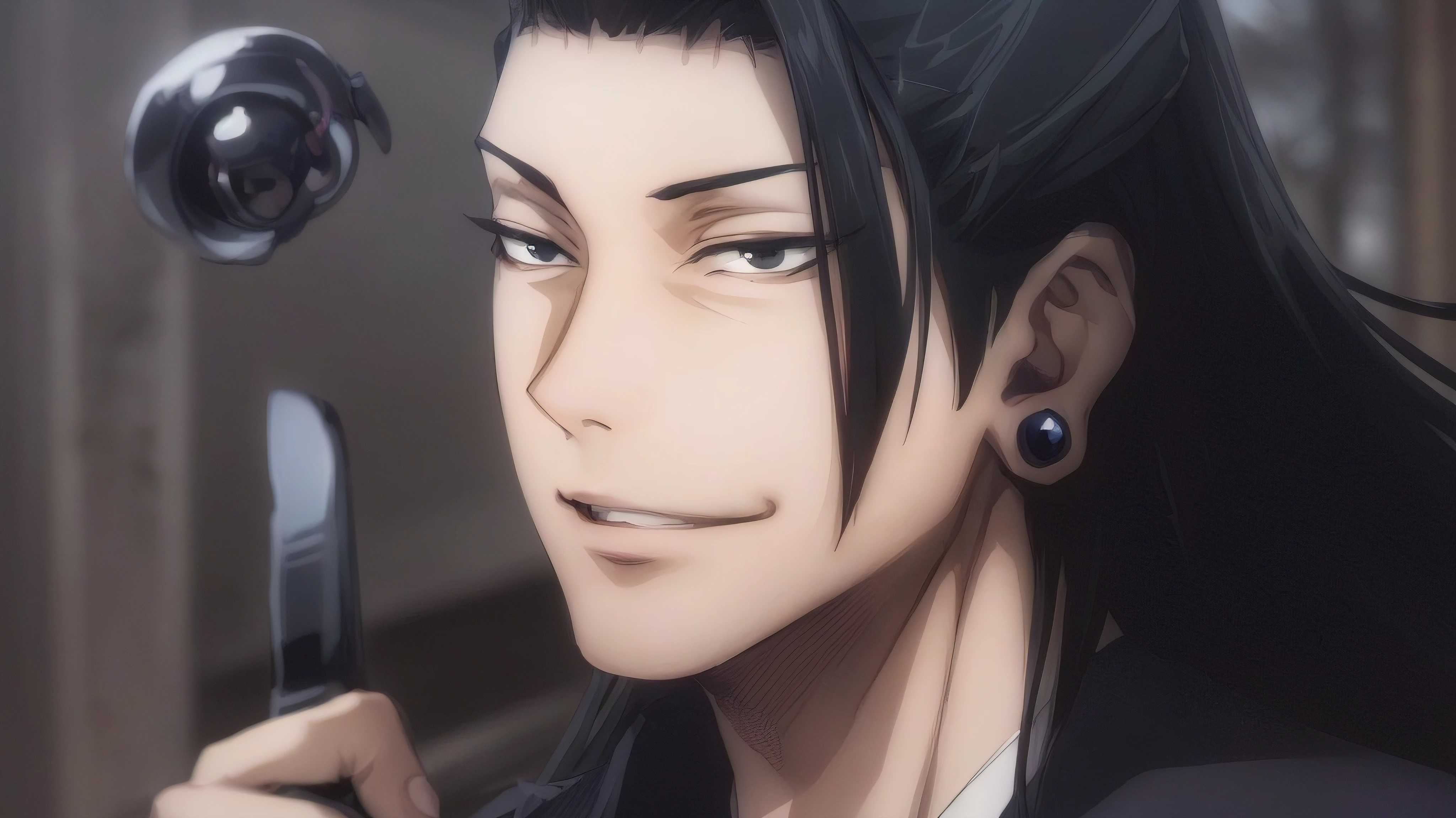 (masterpiece:1.2, best quality), (finely detailed beautiful eyes: 1.2),1man, 1boy, (extremely detailed CG unity 8k wallpaper, masterpiece, best quality, ultra-detailed, best shadow), (detailed background), (beautiful detailed face, beautiful detailed eyes), suguru geto , (japanese clothes:1.1), kesa, black eyes, black kimono, earrings, tsurime, smirk, evil, male focus, villian, looking at viewer,High contrast, (best illumination, an extremely delicate and beautiful),(simple backround, outdoors),