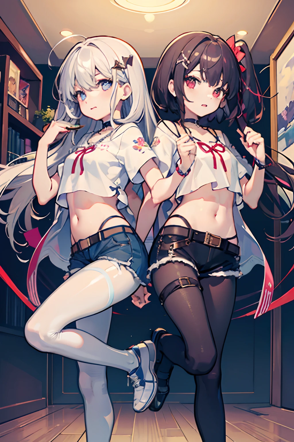 long hair, breasts, looking at viewer, multiple girls, red eyes, thighhighs, white background, navel, 2girls, underwear, purple eyes, weapon, white hair, boots, glasses, flat chest, polearm, spear, bonnet, lance
