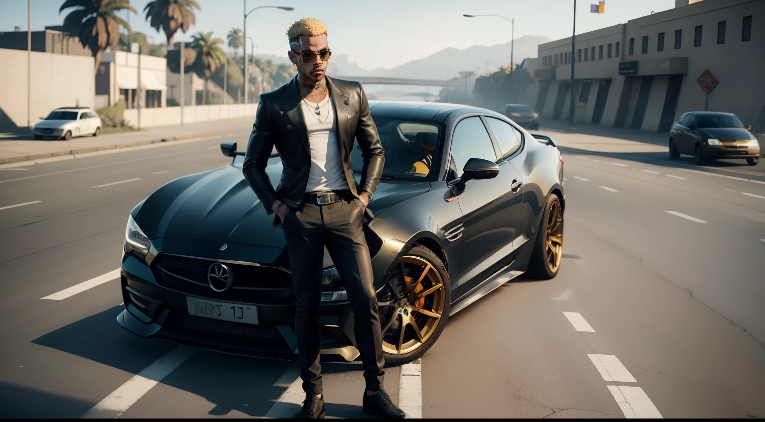 There is a man next to a car on a bridge, GTA 6 estilo, Estilo de GTA V, GTA VI, gta5 estilo, gta v estilo, GTA 6, gta personagem, neymar em gta v, Angela Merkel em GTA v, gta v street style, Grand Theft Auto Estilo, estilo gta, GTA VIce estilo da cidade, Como o protagonista de GTA 5