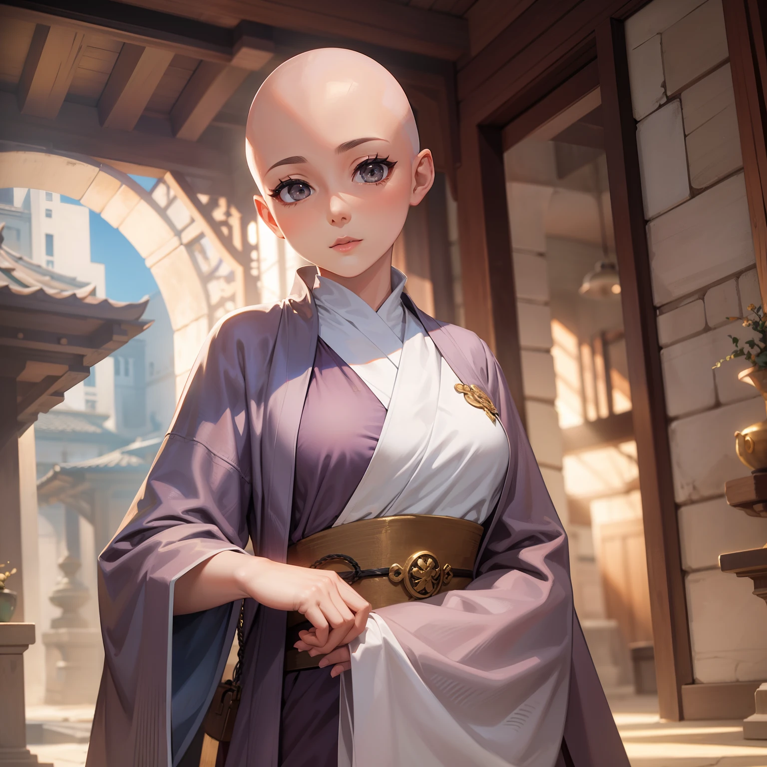 Anime, wuxia in ancient china, bald female no hair, beautiful face, birthmark below the left eye, wearing traditional monk robe, sitting alone in mountain, blue eyes colour, with light makeup