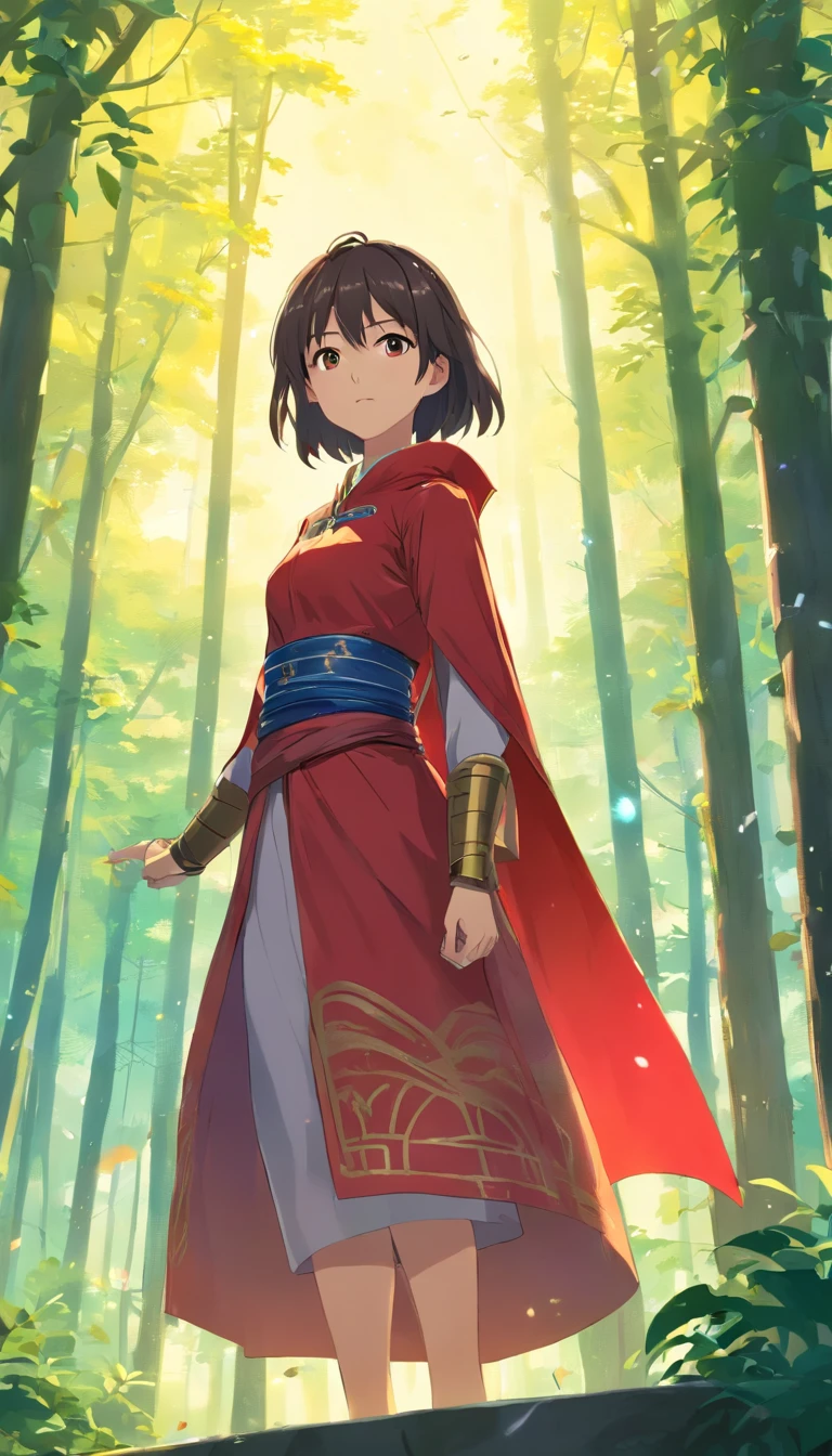 A woman who is，Young girl wearing Chinese Shang dynasty armor and red cape，Spider web elements，beauitful face，Delicate makeup，shining brightly，Long black hair，Bright eyes，8K，Ultra-clear，infinite details，style of anime，High-quality graphics，looking at the distance，Slim，the woods