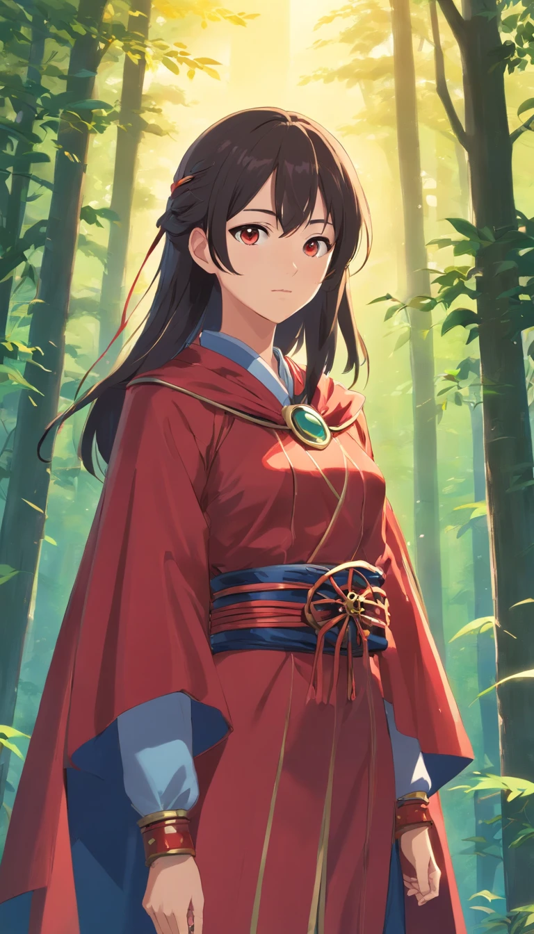 A woman who is，Young girl wearing Chinese Shang dynasty armor and red cape，Spider web elements，beauitful face，Delicate makeup，shining brightly，Long black hair，Bright eyes，8K，Ultra-clear，infinite details，style of anime，High-quality graphics，looking at the distance，Slim，the woods