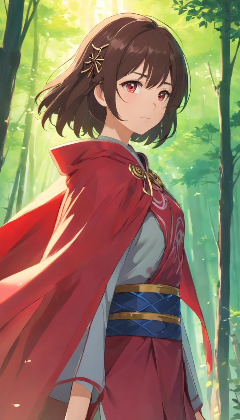 A woman who is,Young girl wearing Chinese Shang dynasty armor and red cape,Spider web elements,beauitful face,Delicate makeup,shining brightly,Long black hair,Bright eyes,8K,Ultra-clear,infinite details,style of anime,High-quality graphics,looking at the distance,Slim,the woods