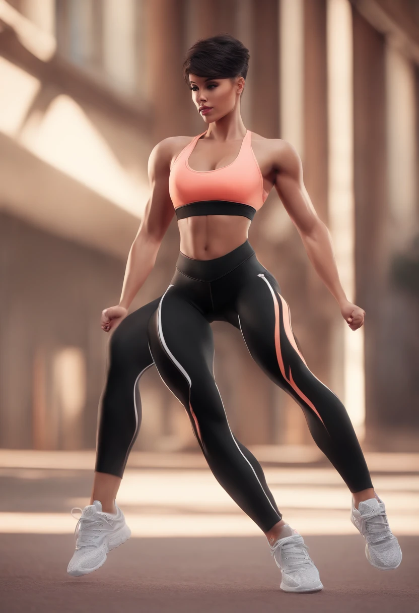 Muscle woman，Black sports bra，Black and white sneakers，short detailed hair，musculous，Strong physique，Toned arms and long legs，Peach buttocks，a toned abdomen，