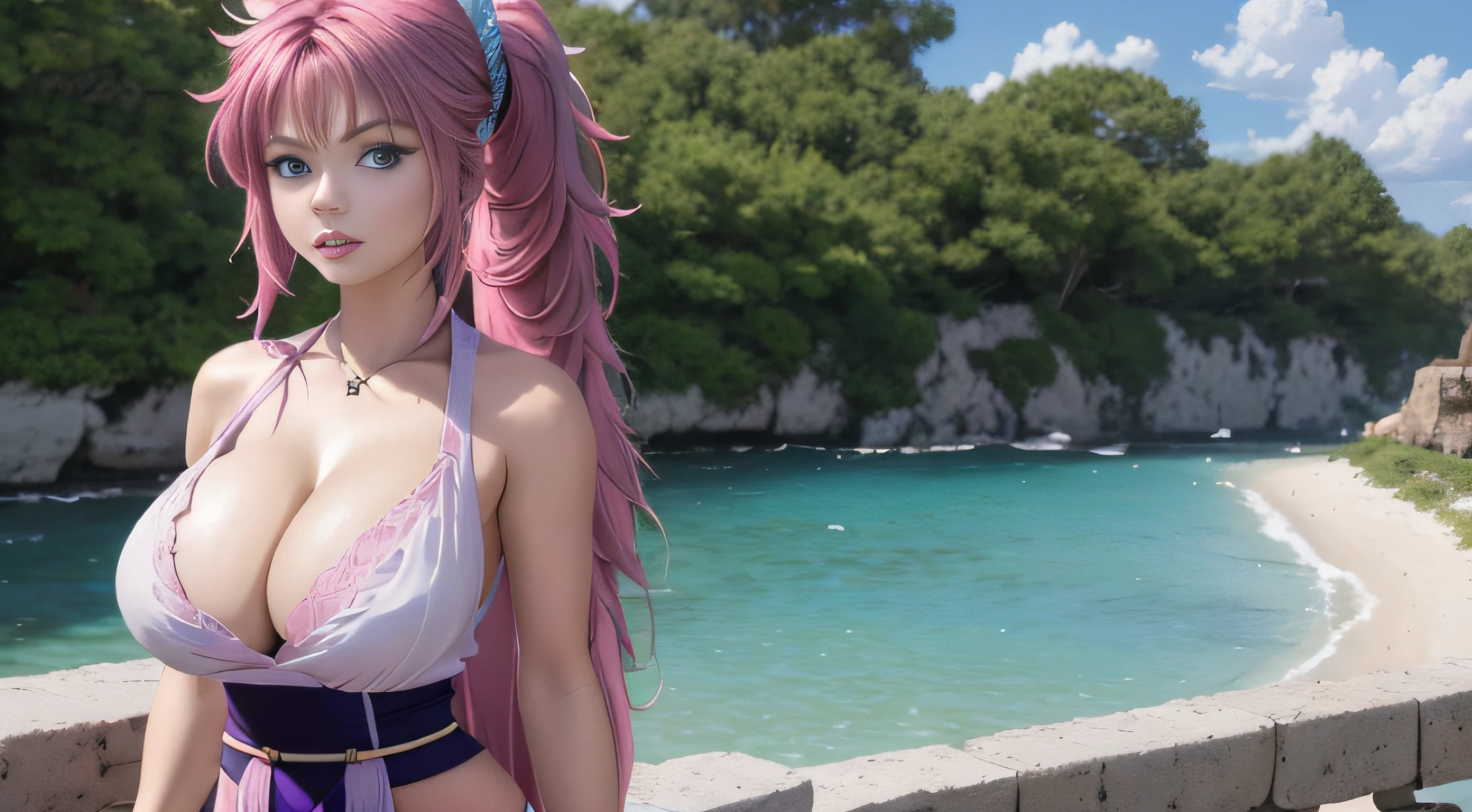 (Masterpiece:1.1, Best quality:1.1), Solo, 1girl in, (Marchen:1.2, Hunter Hunter character), Detailed brown eyes, Detailed face, (Machi role-playing:1.2, Pink hair, pony tails, ripped up white garment:1.55, gigantic cleavage breasts:1.3, humongous large breast:1.3), sandbeach