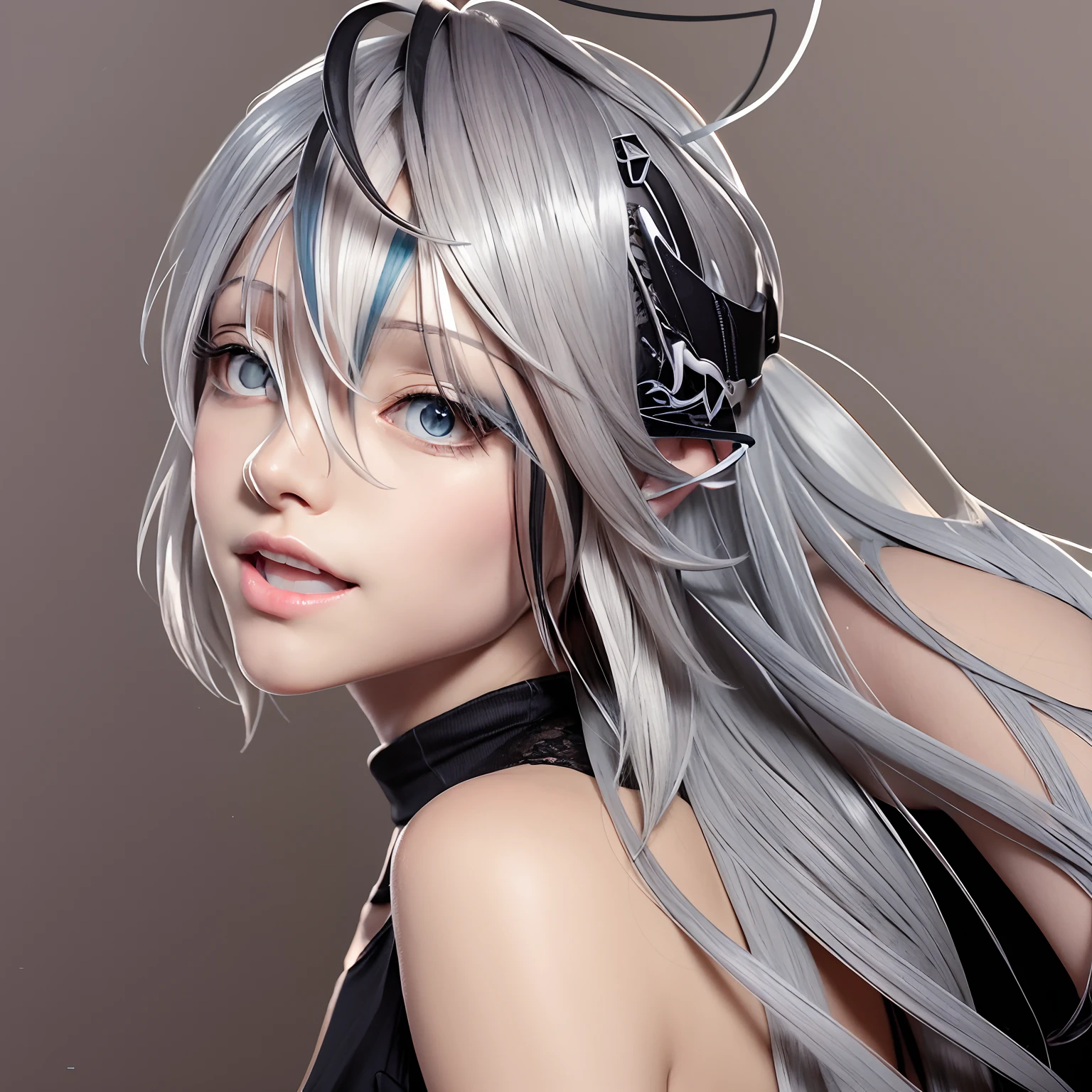 anime girl with long gray hair and a black top, anime character, realistic anime artstyle, silver hair (ponytail), anime artstyle, silver hair girl, in an anime style, beautiful anime portrait, in anime style, made with anime painter studio, anime style portrait, girl silver hair, anime style character, anime girl with teal hair, semirealistic anime style