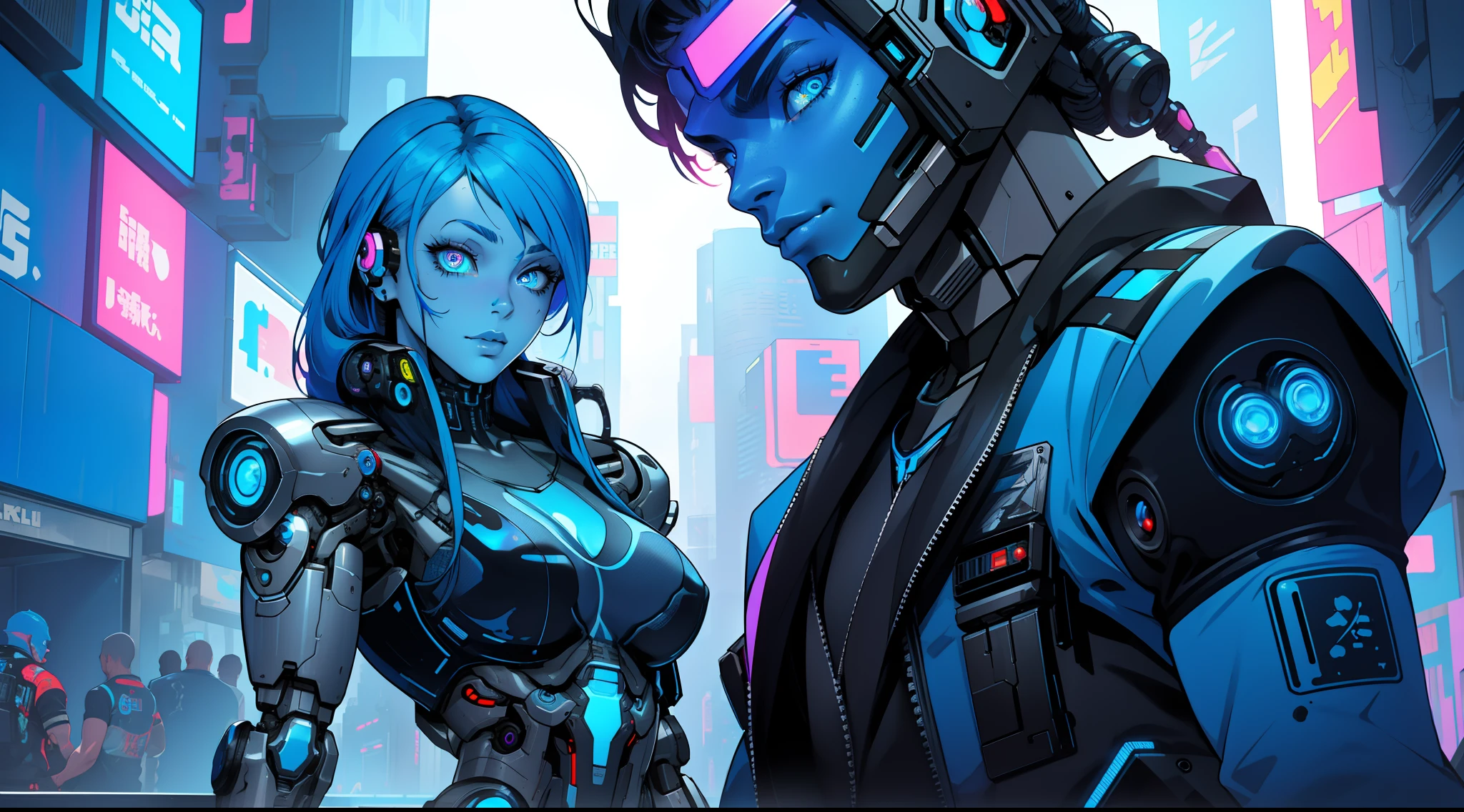(masterpiece, best quality, cyborg girl, android girl, robot girl, blue skin, blue body, glowing blue eyes, robot body, cyberpunk, cyberpunk city) . (muscle: 2.0)