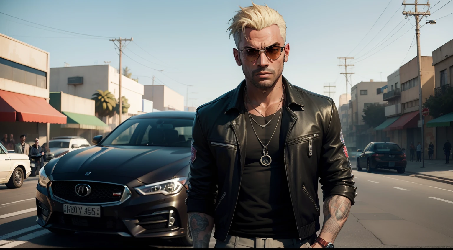 There is a man next to a car on a bridge, GTA 6 estilo, Estilo de GTA V, GTA VI, gta5 estilo, gta v estilo, GTA 6, gta personagem, neymar em gta v, Angela Merkel em GTA v, gta v street style, Grand Theft Auto Estilo, estilo gta, GTA VIce estilo da cidade, Como o protagonista de GTA 5
